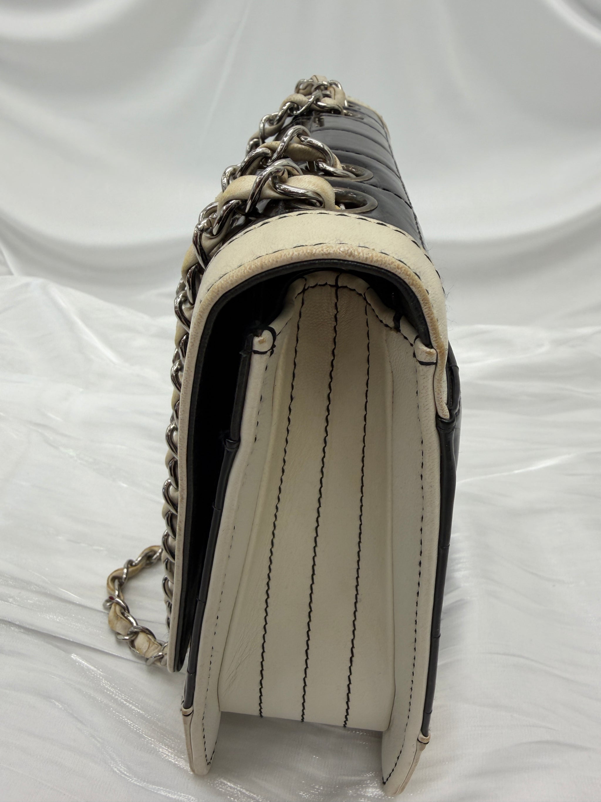 Chanel White & Black Patent Leather Chocolate Bar Square Bag