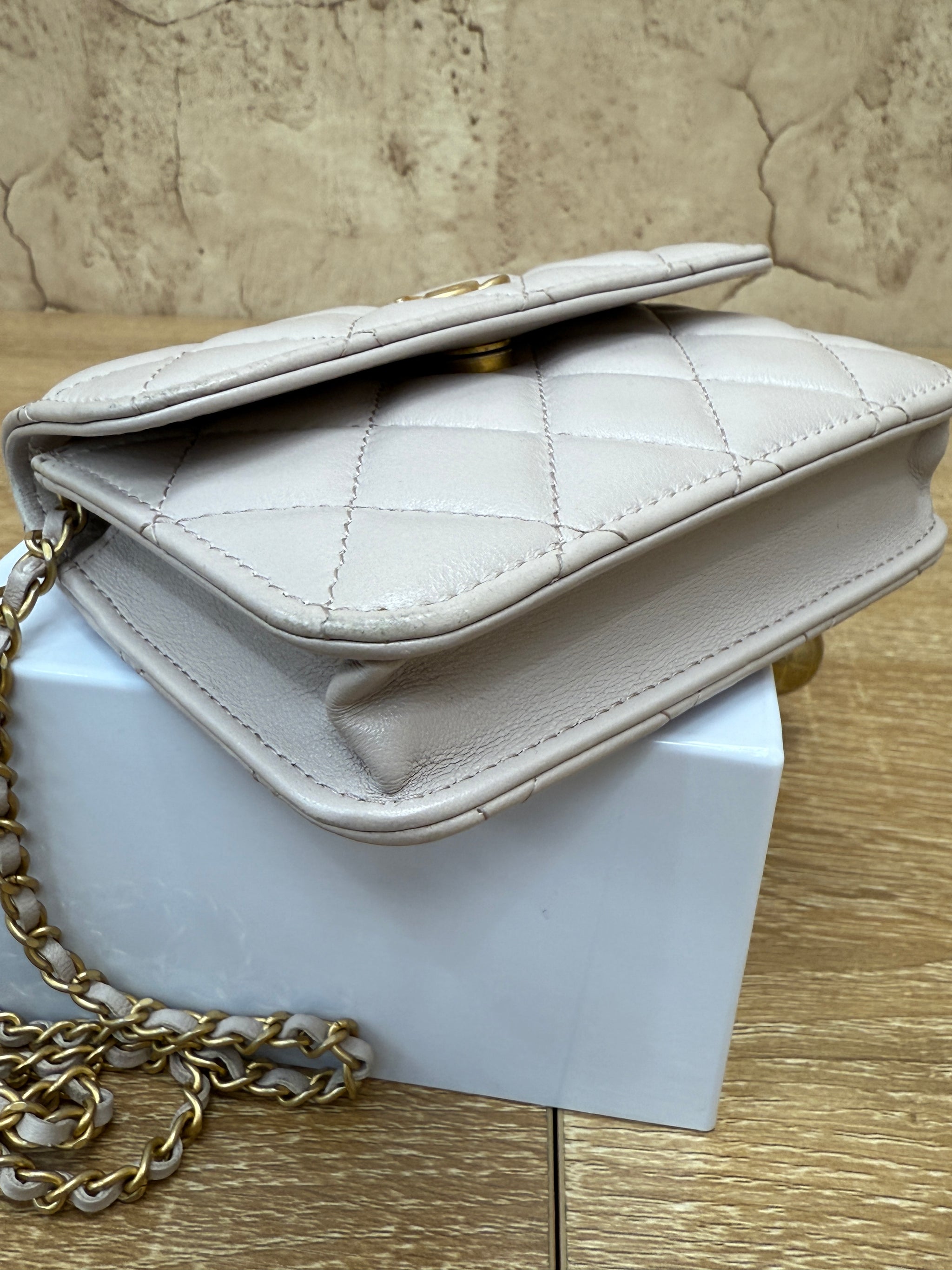 Chanel Taupe Quilted Calfskin Mini Pearl Crush Flap Clutch with Chain