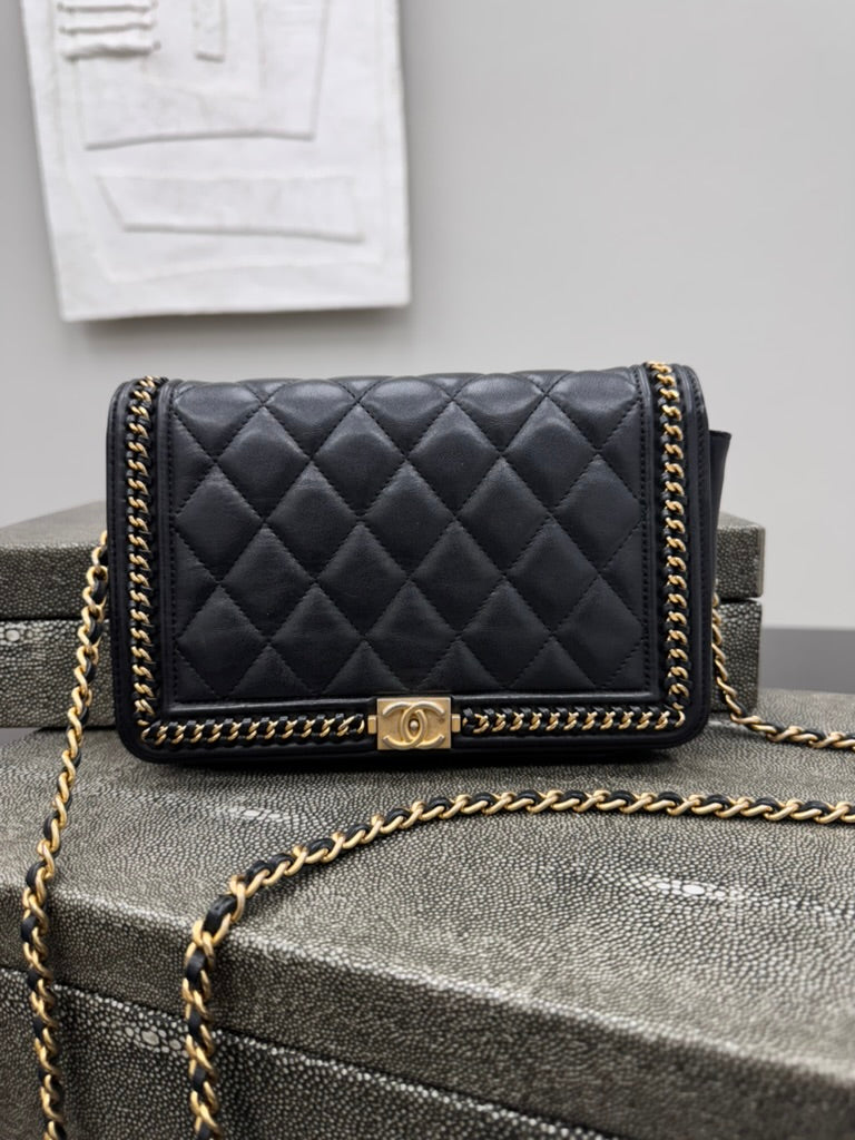 *DONS DROP* Chanel Black Quilted Leather Boy Wallet On A Chain