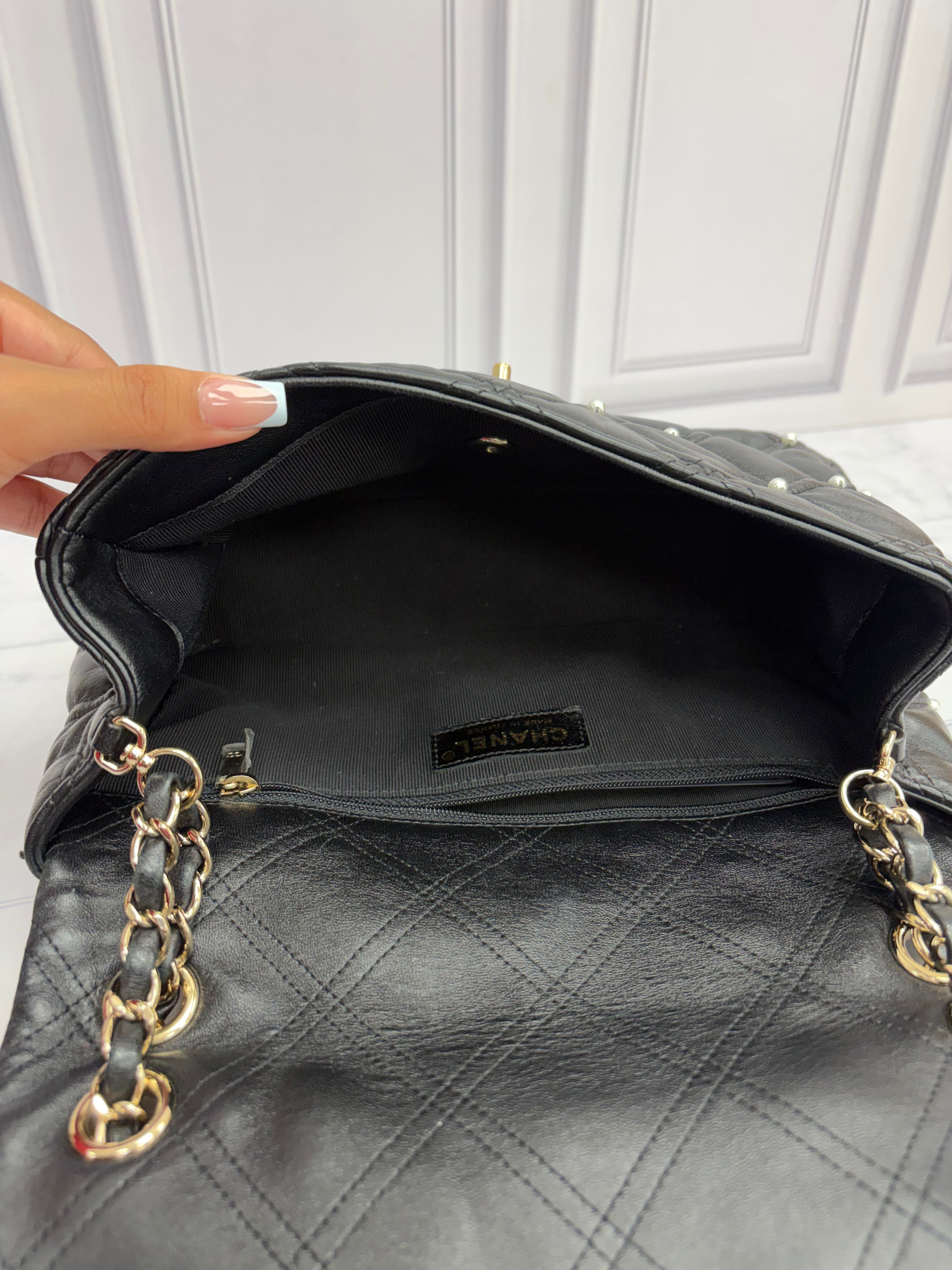 Chanel Black Quilted Lambskin Pearl Studded Flap Bag