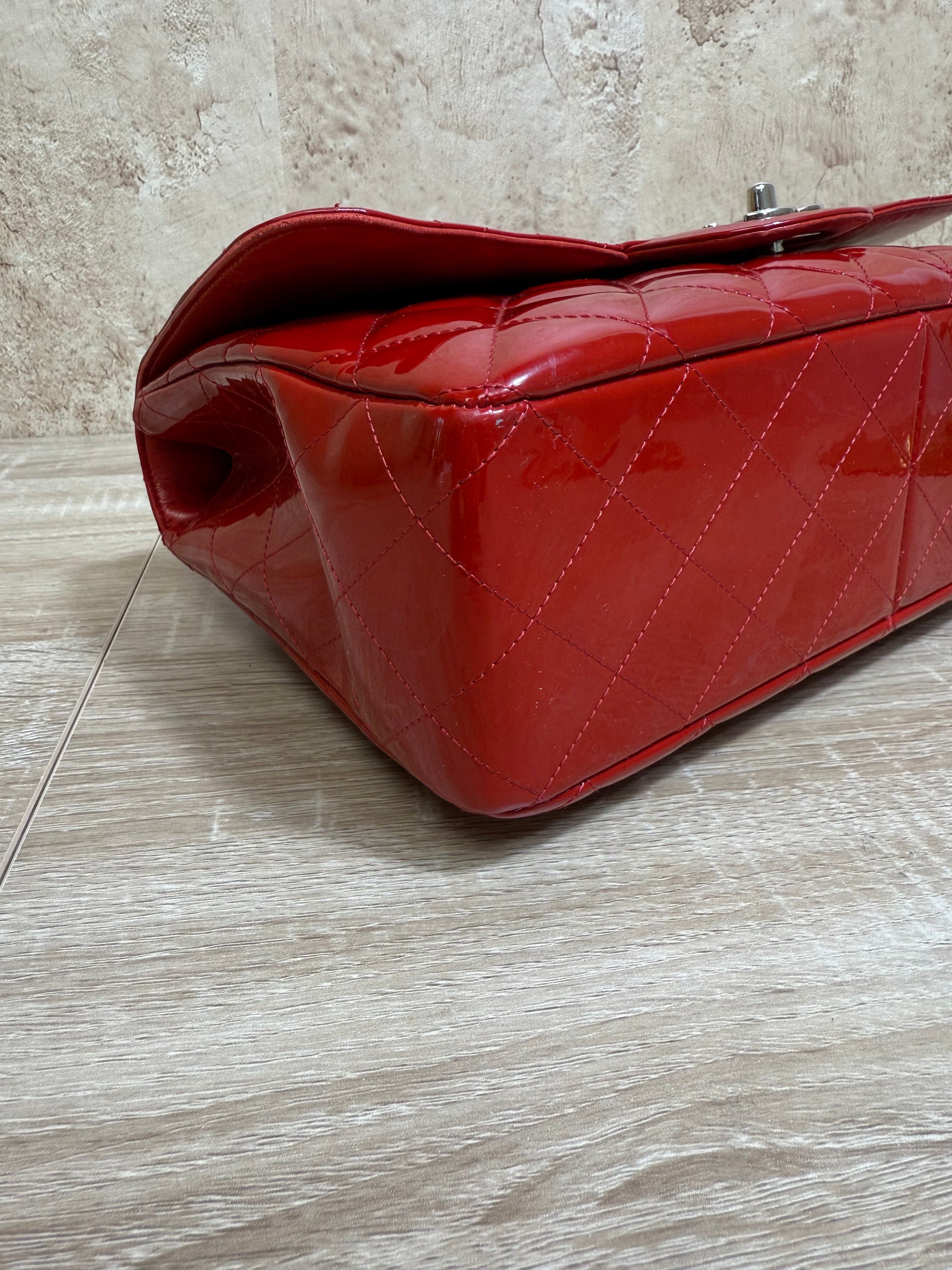 Chanel Red Patent Leather Jumbo Classic Flap