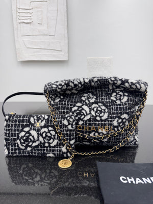 Chanel Black & White Cashmere Camellia Small Chanel 22 Bag