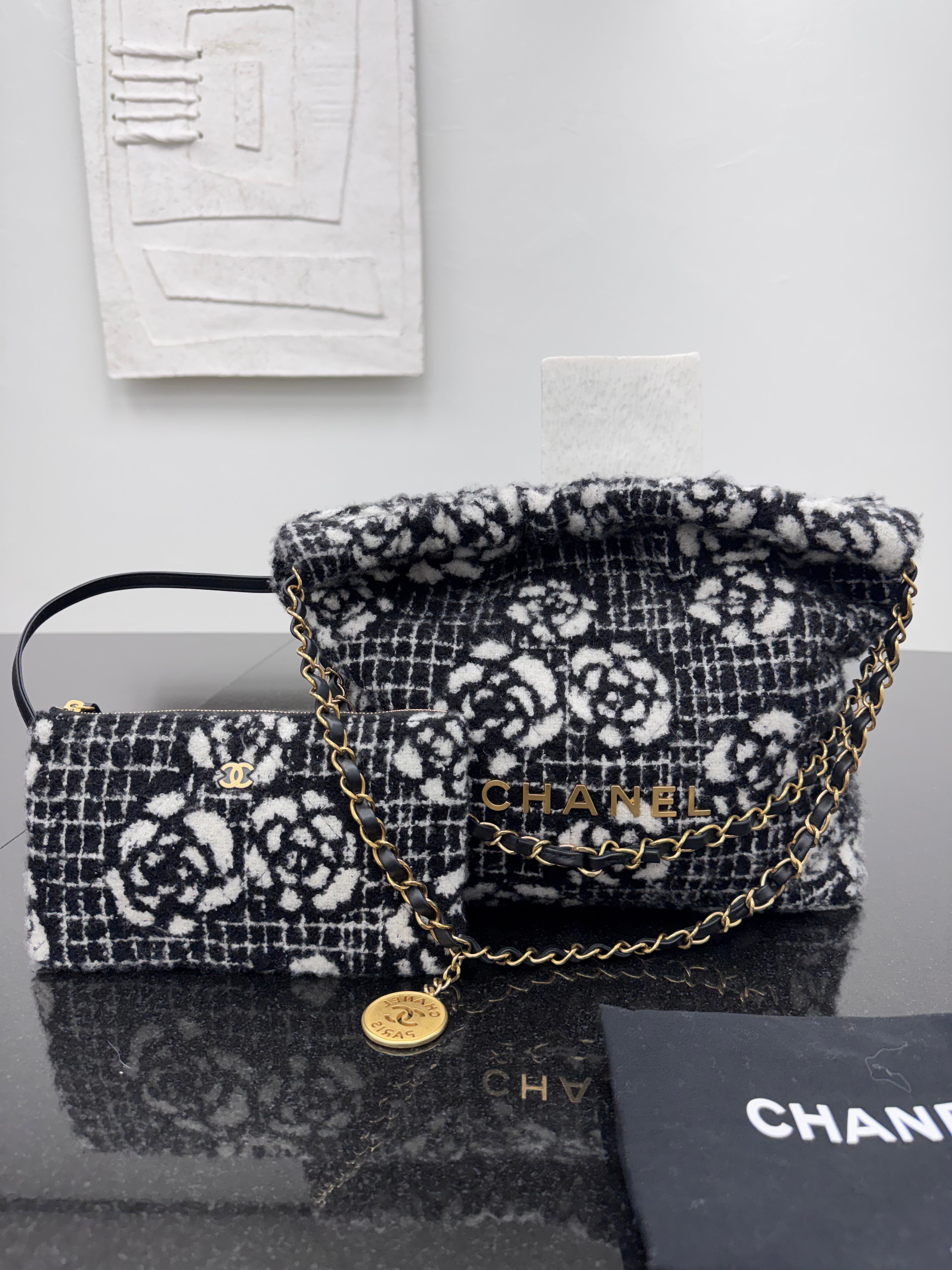 Chanel Black & White Cashmere Camellia Small Chanel 22 Bag