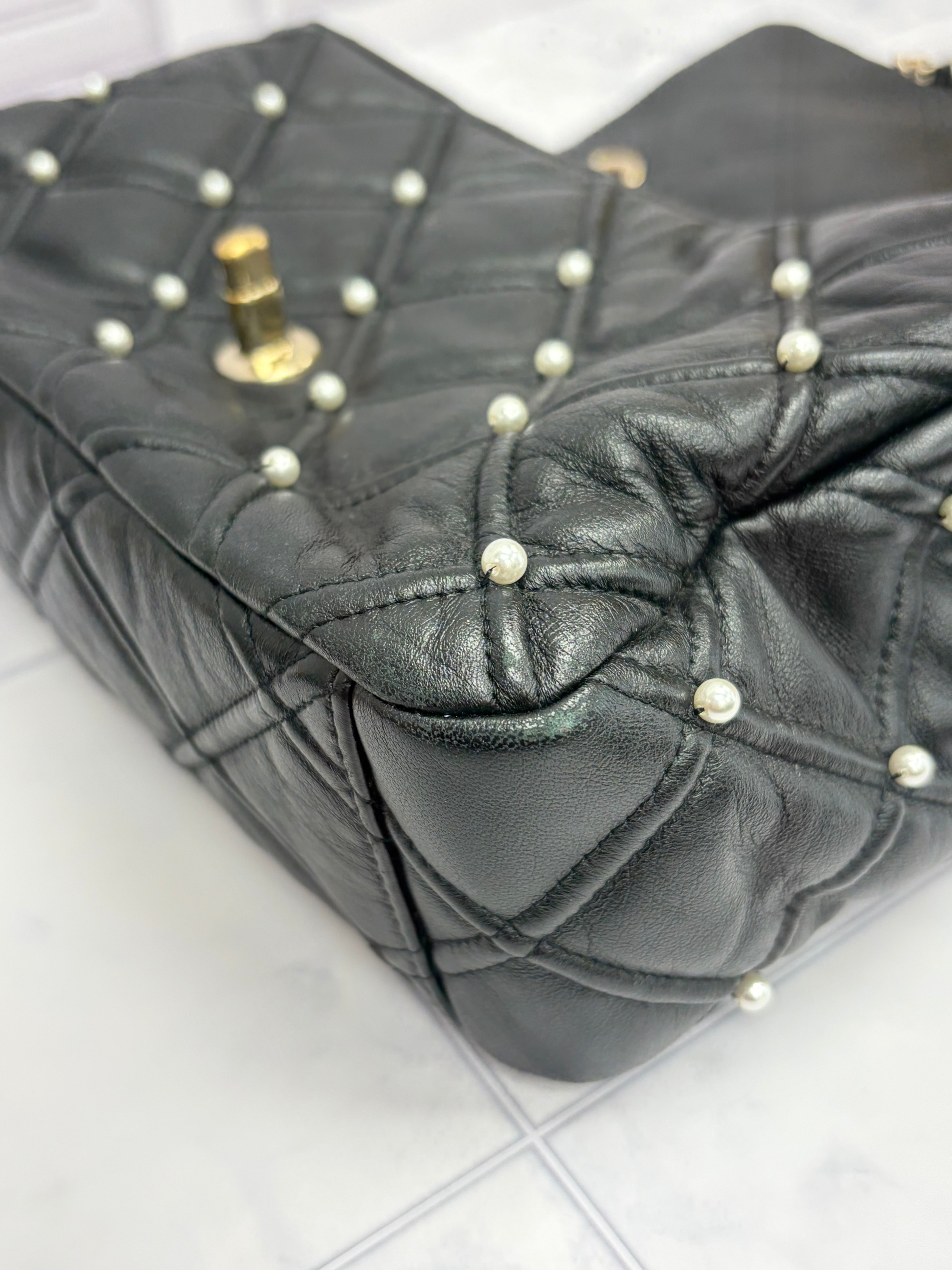 Chanel Black Quilted Lambskin Pearl Studded Flap Bag