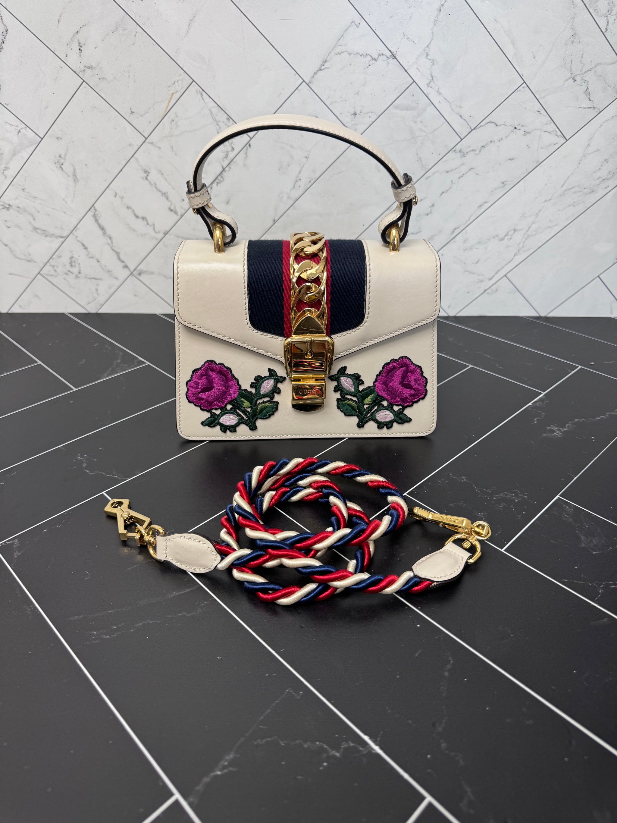 Gucci Sylvie White Leather Floral Embroidered Mini Shoulder Bag