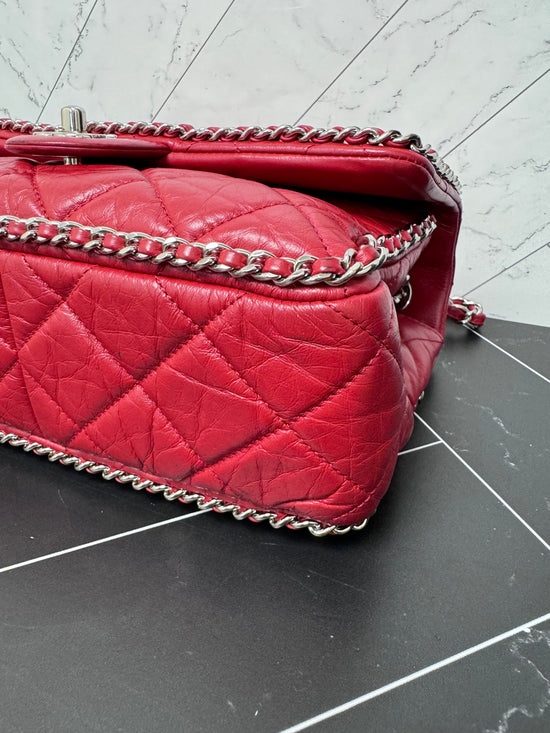 Chanel Red Crinkle Leather Running Chain Medium Single Flap