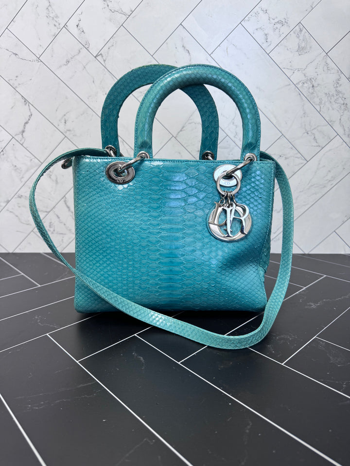 Christian Dior Teal Python Lady Dior Hand Bag