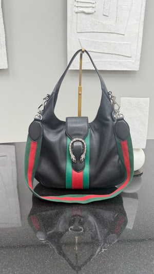 Gucci Black Leather Web Stripe Medium Dionysus Hobo Bag