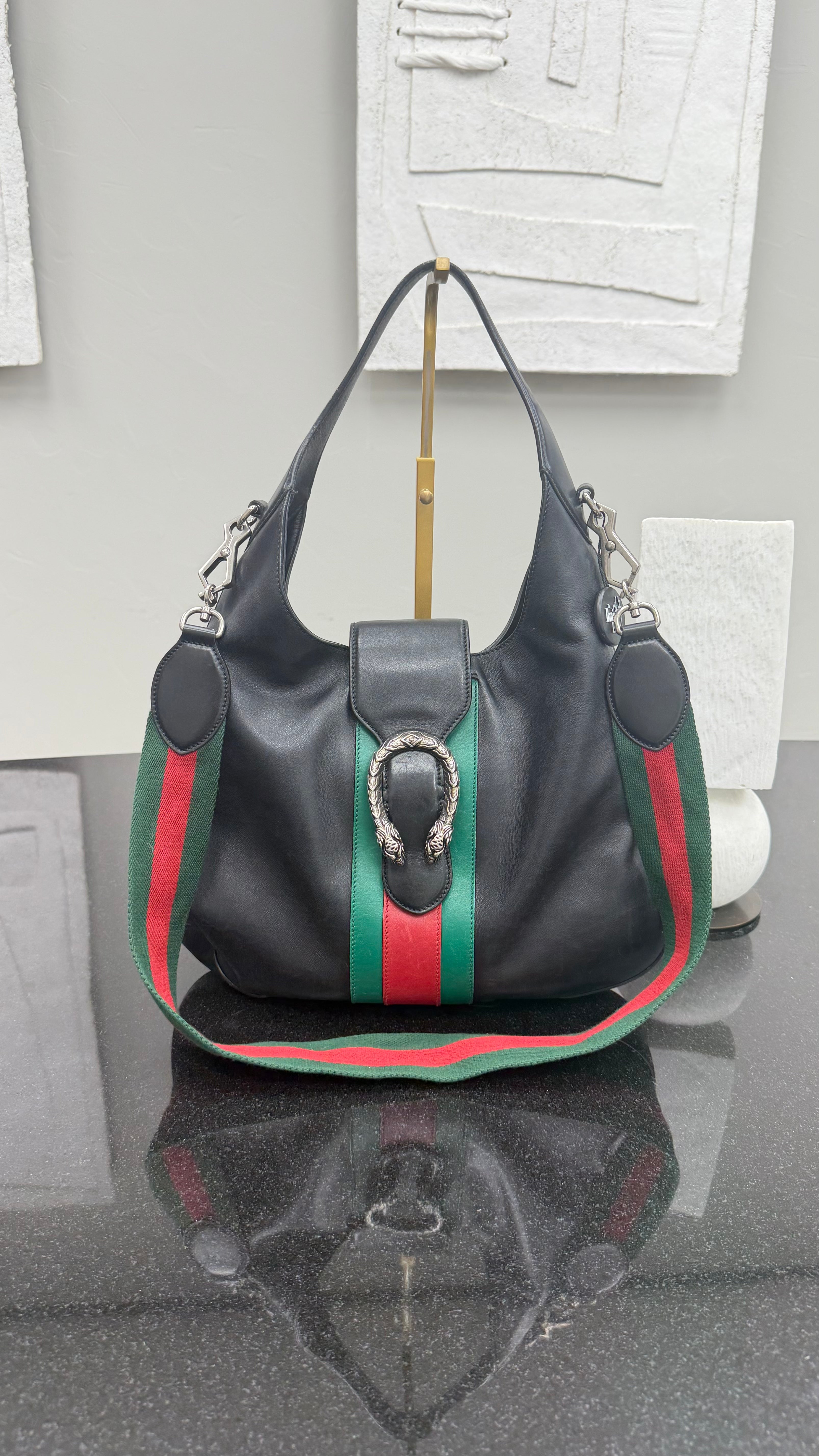 Gucci Black Leather Web Stripe Medium Dionysus Hobo Bag