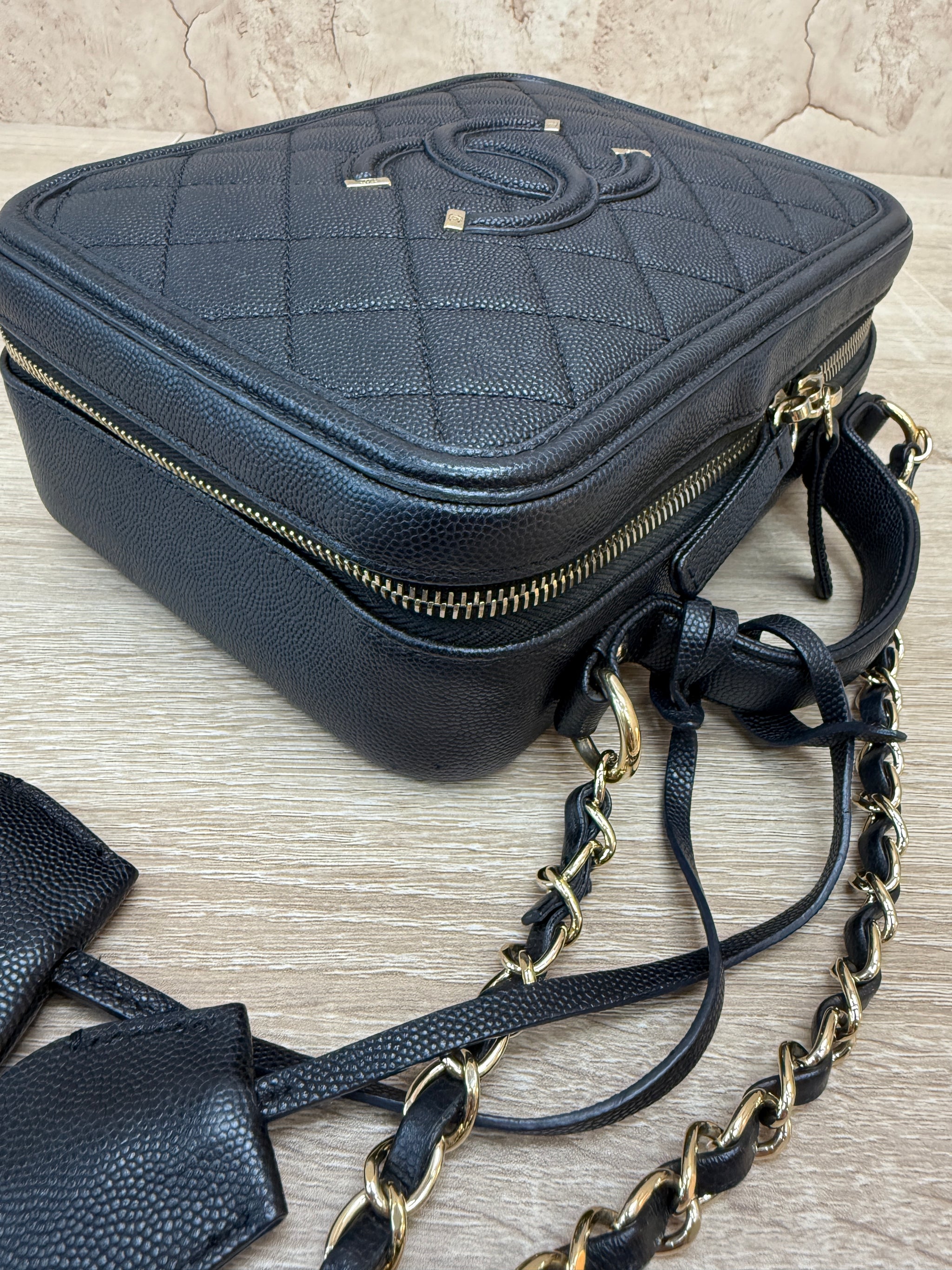 Chanel Black Caviar Quilted Medium CC Filigree Vanity Case