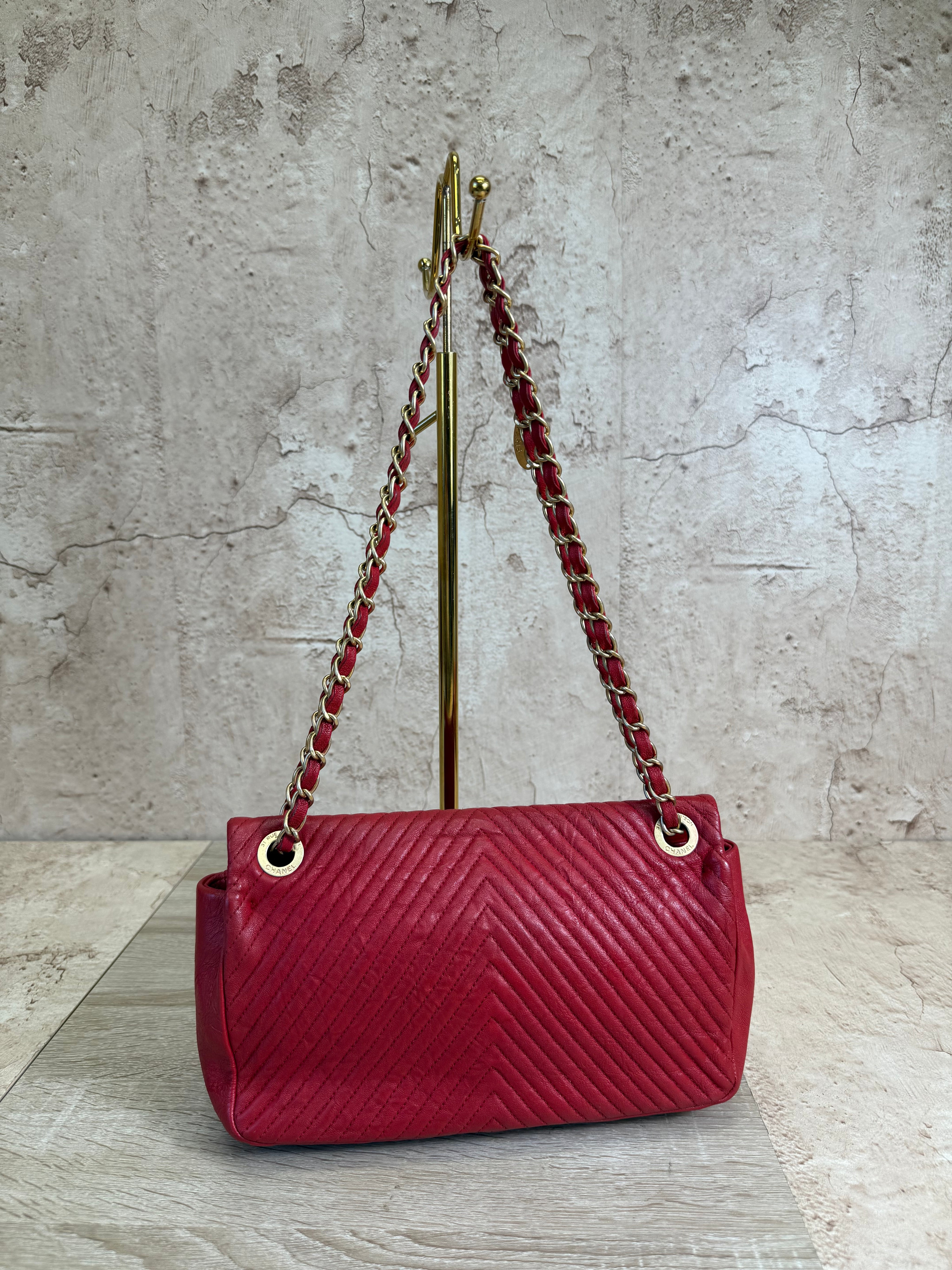 Chanel Red Chevron Quilt Surpique Flap Bag