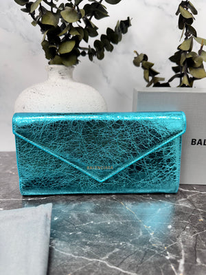Balenciaga Metallic Turquoise Grained Leather Papier Long Wallet