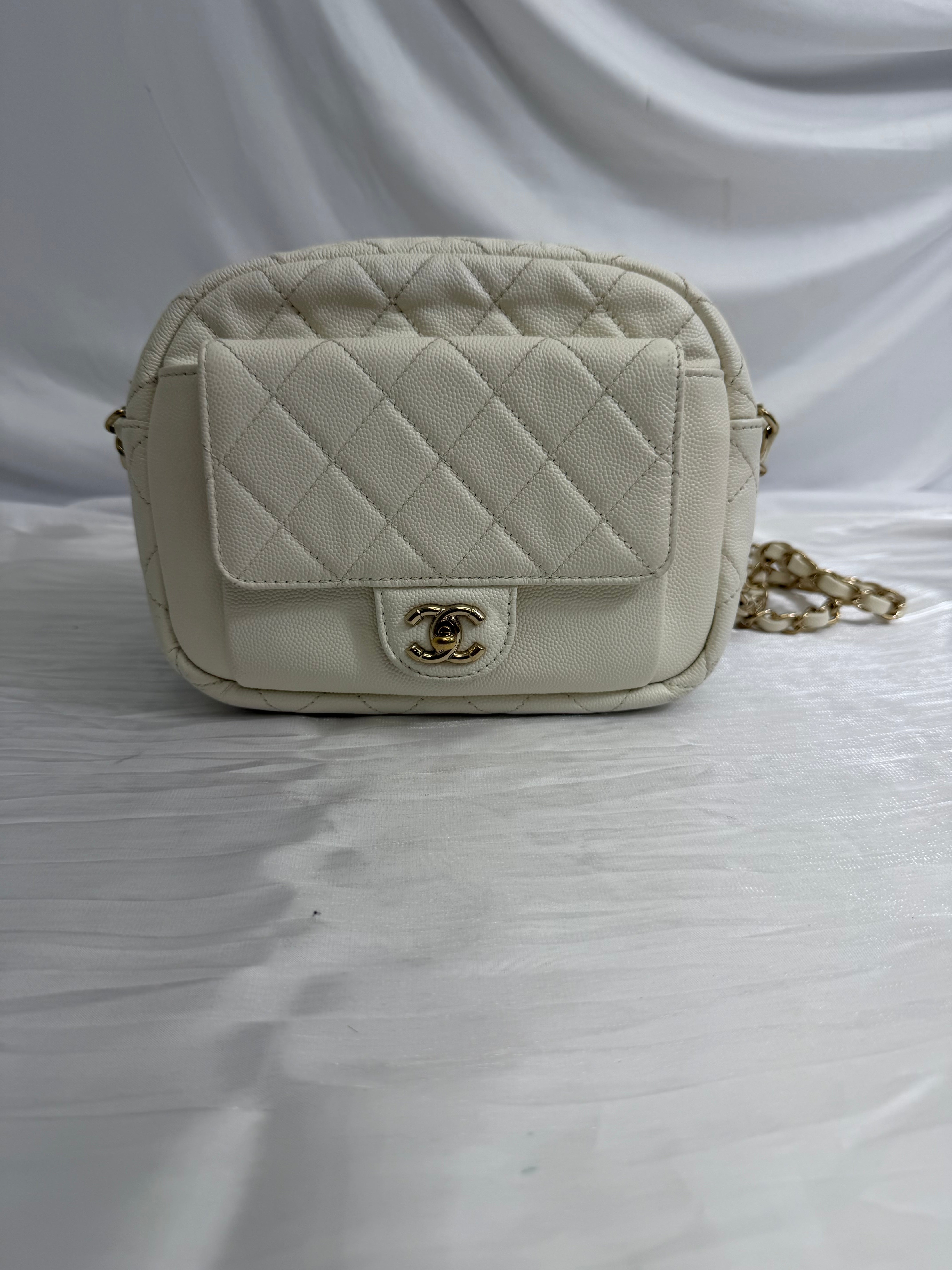Chanel White Quilted Caviar CC Day Camera Case