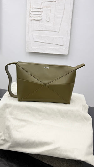 Loewe Green Leather Puzzle Fold Wash Bag