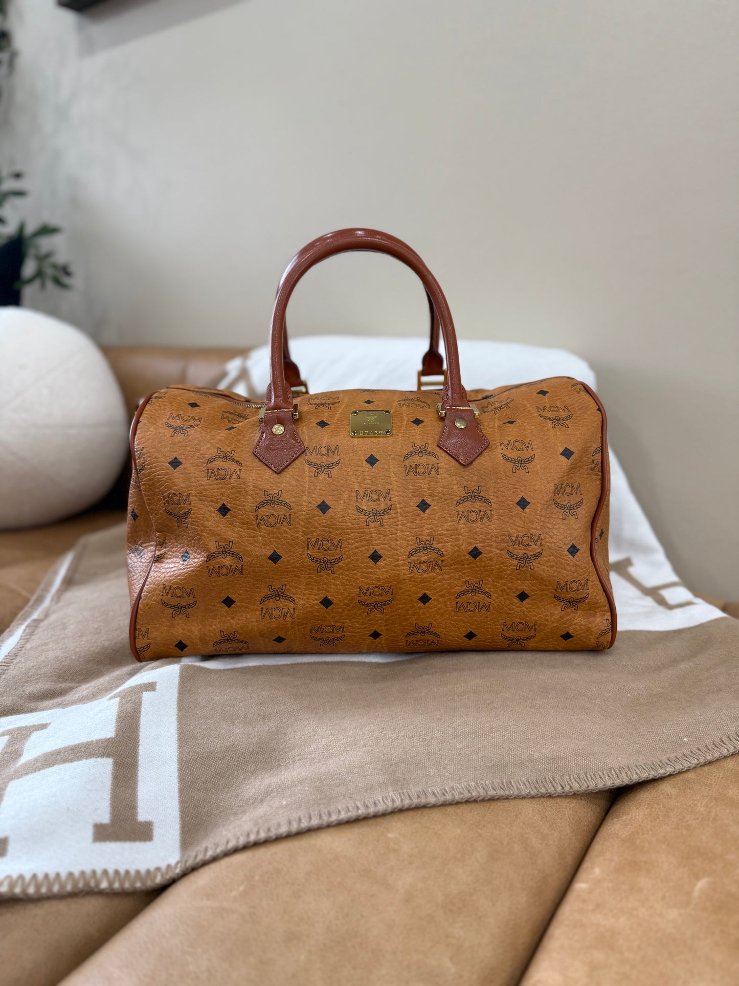 MCM Brown Leather Boston Bag