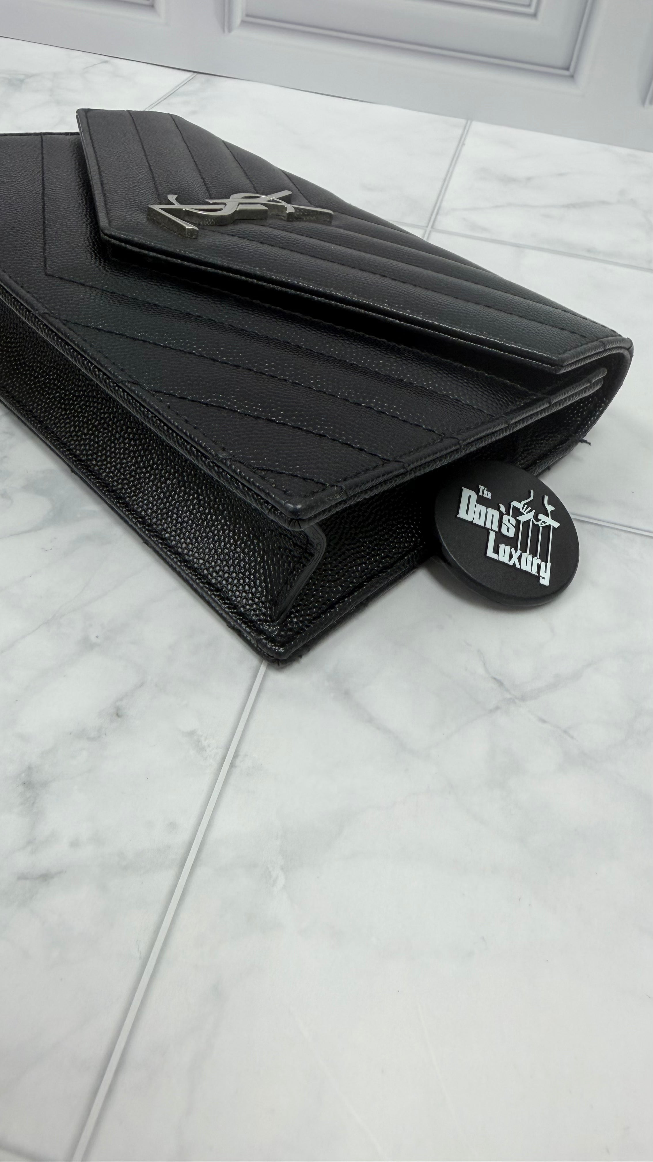 *DON DROP* Saint Laurent YSL Black Pebbled Leather Cassandre Envelope Wallet on a Chain