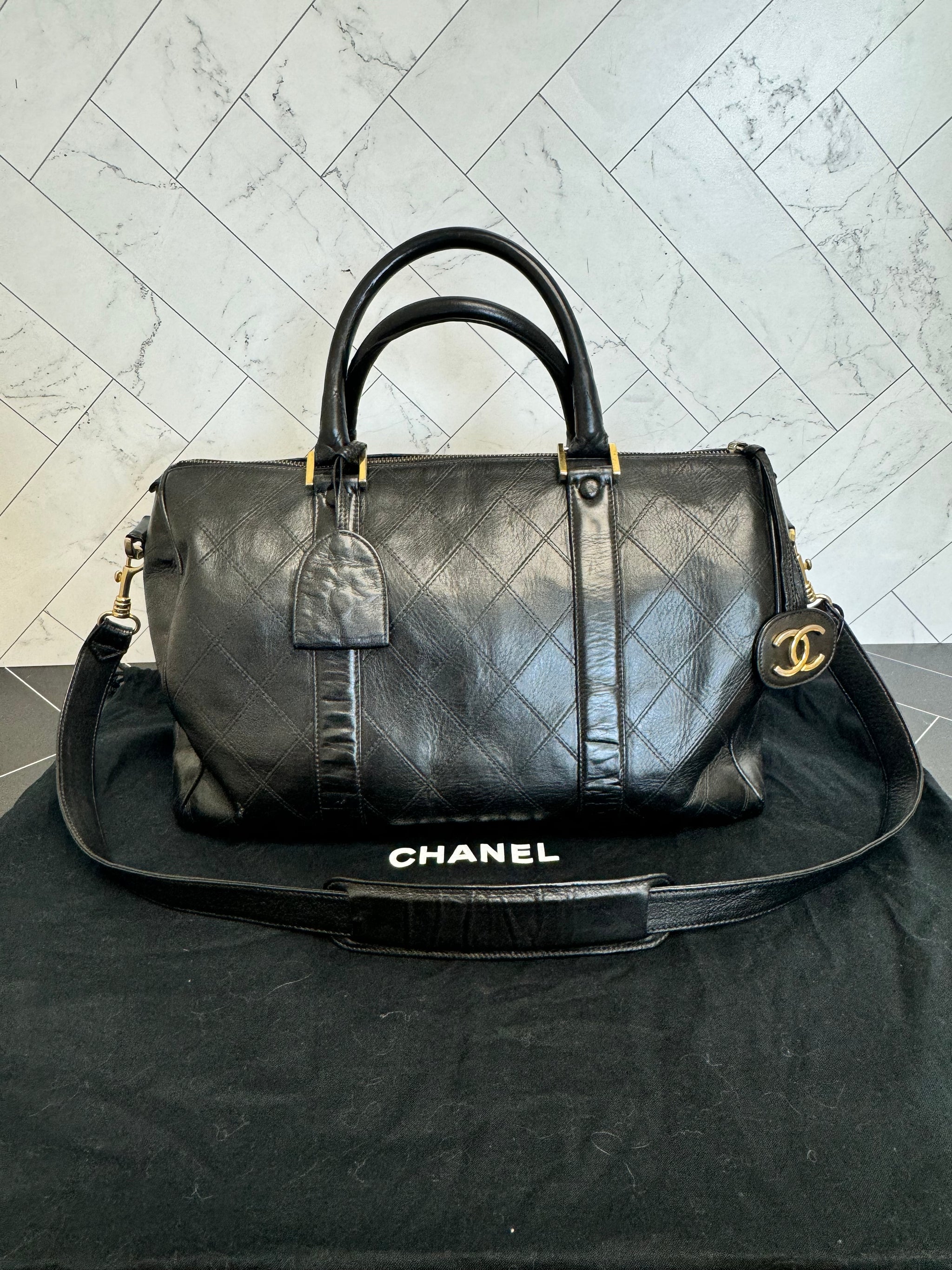 Chanel Vintage Black Lambskin Quilted Boston Bag