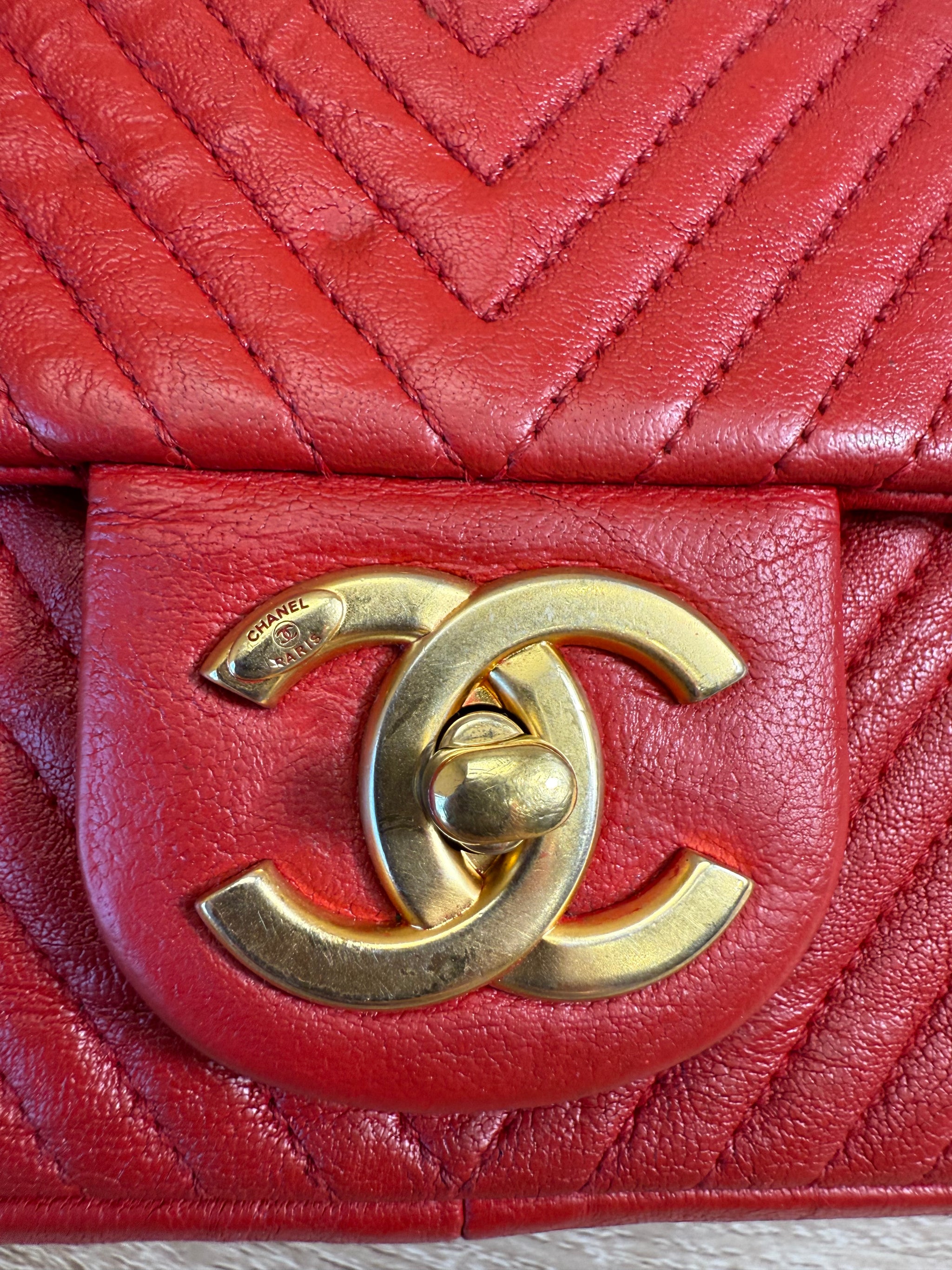 Chanel Red Chevron Quilt Surpique Flap Bag