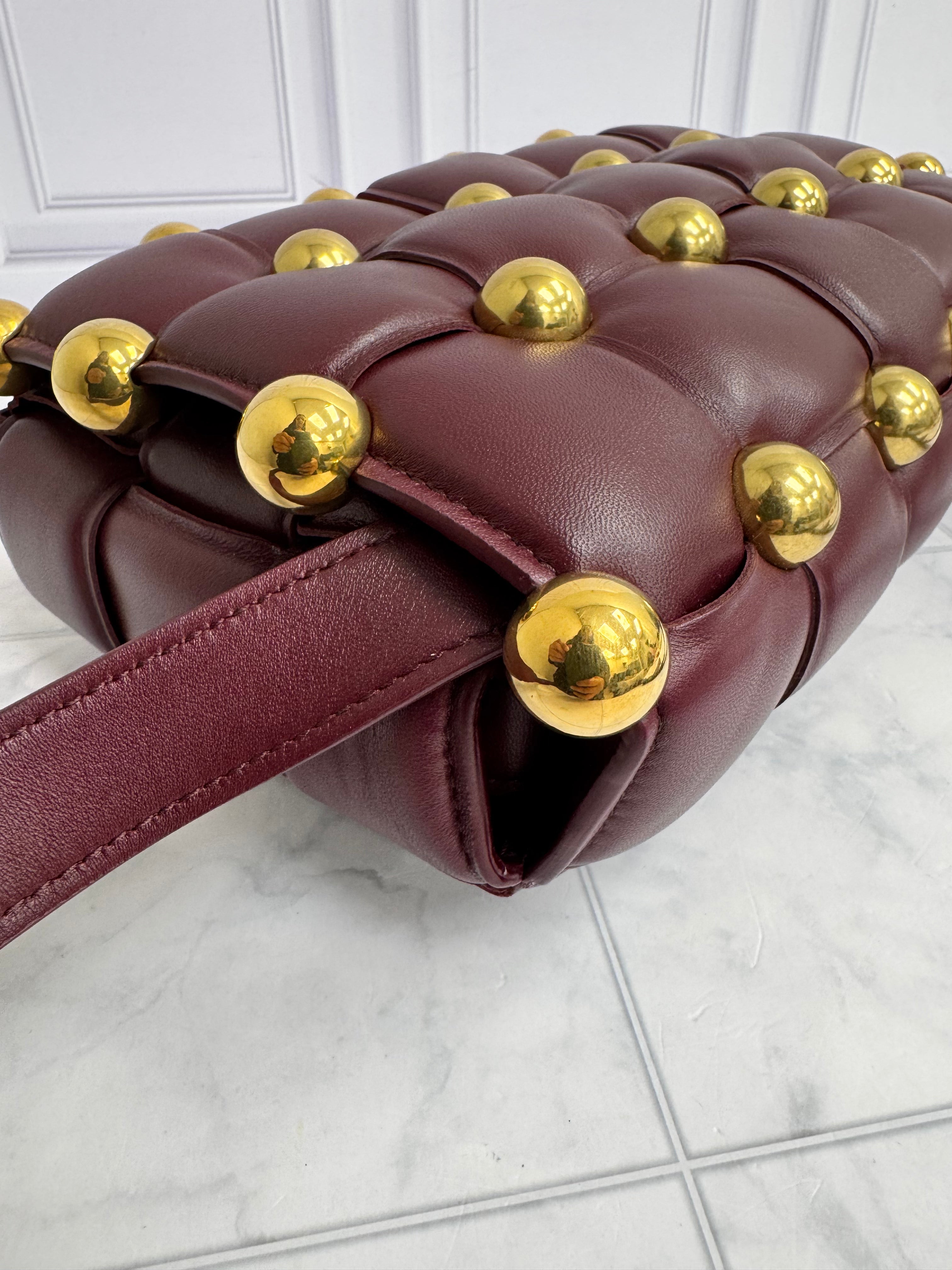 Bottega Veneta Burgundy Padded Maxi Intrecciato Leather Studded Cassette Crossbody Bag