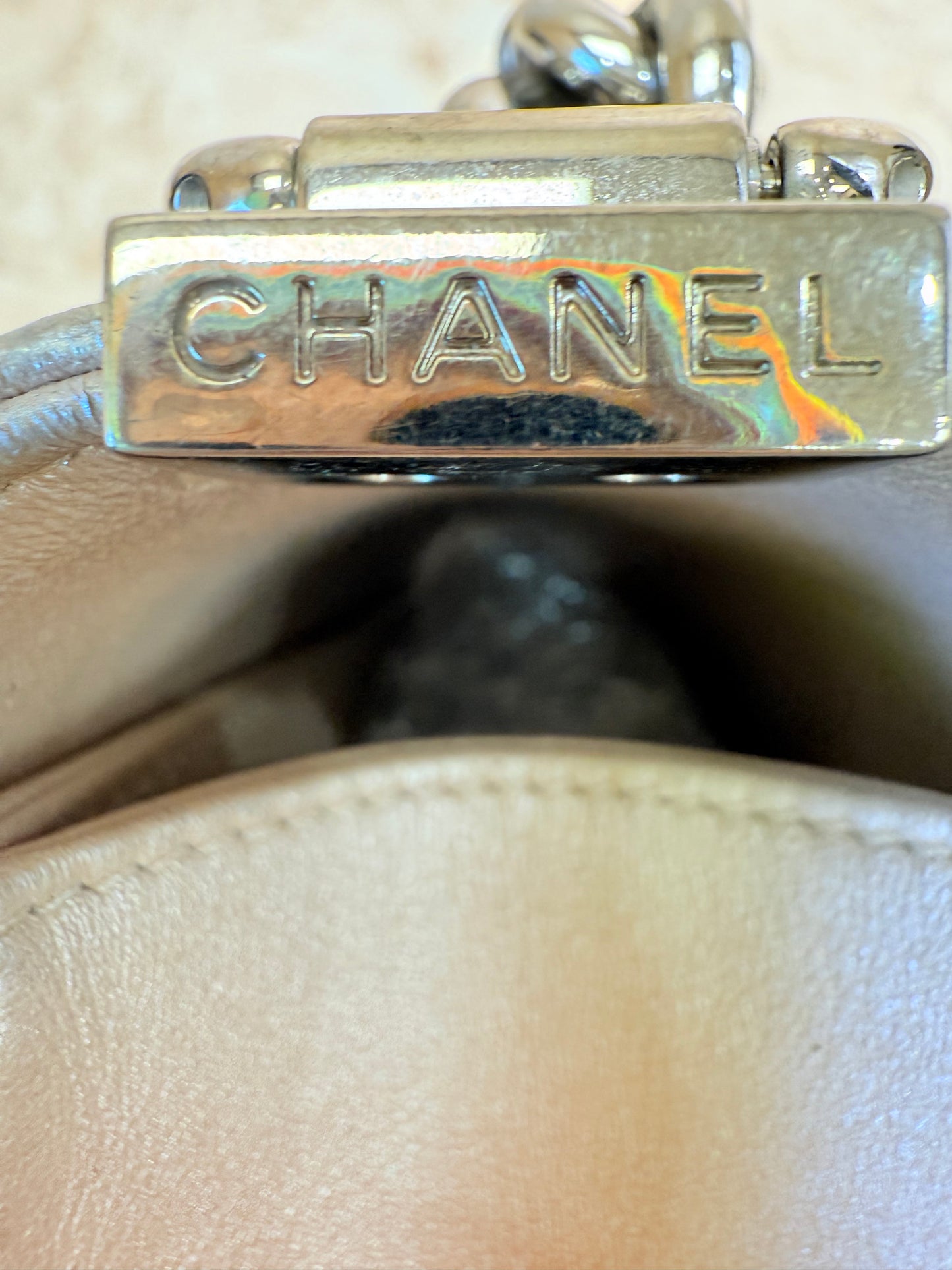 Chanel Iridescent Silver Quilted Lambskin Medium Boy Bag