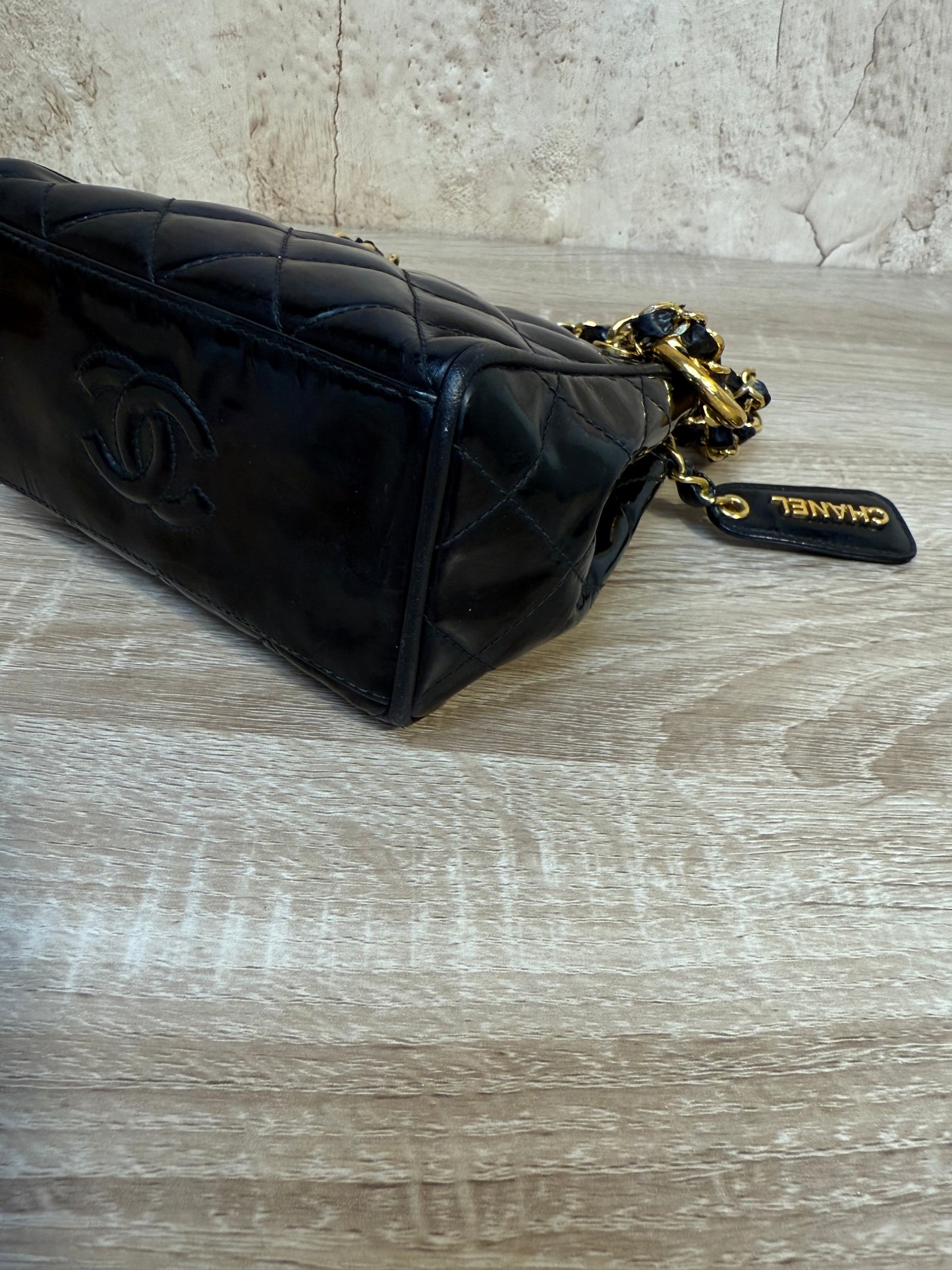 Vintage Chanel Black Quilted Patent Leather Shoulder Bag