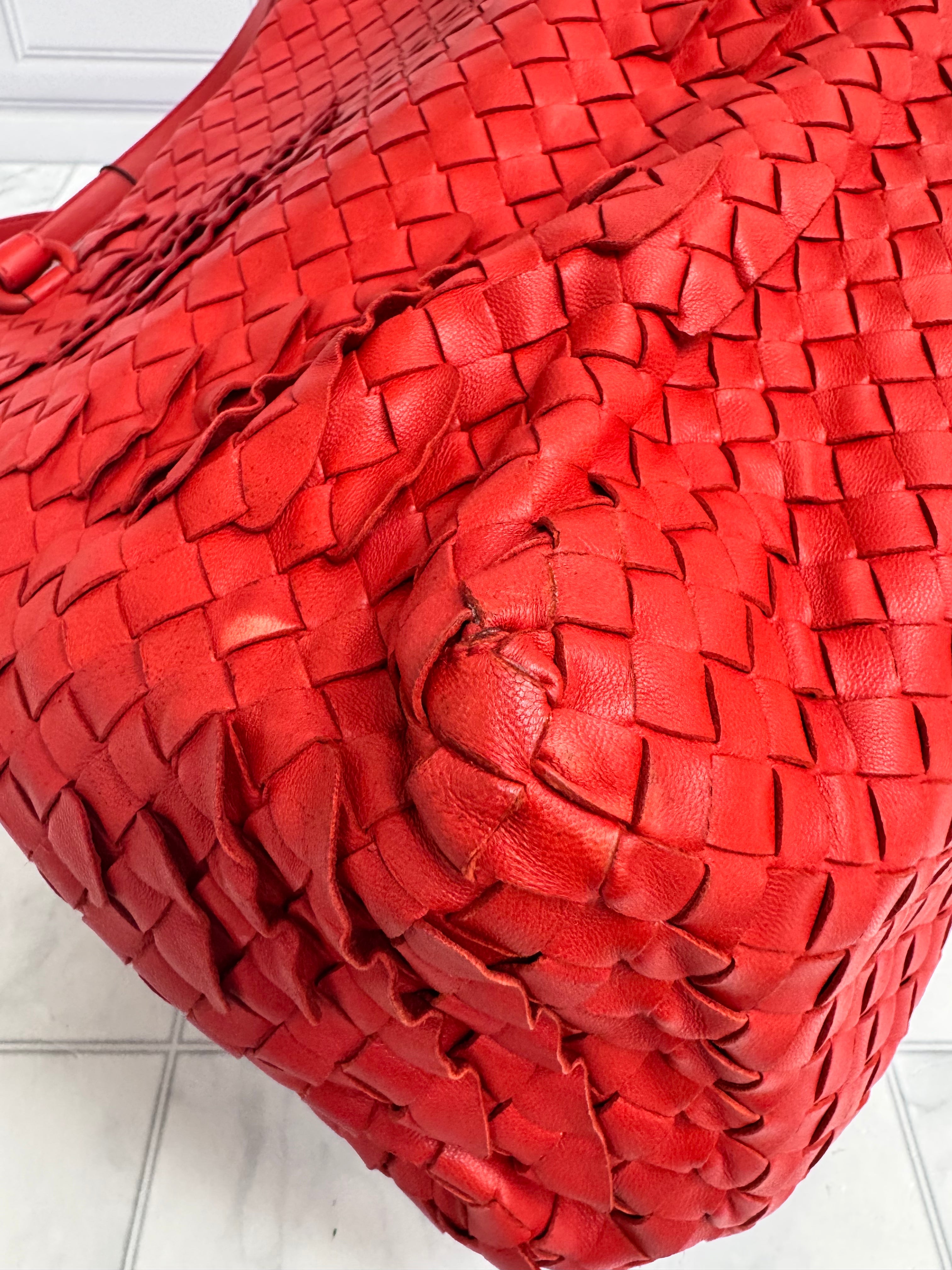 Bottega Veneta Red Intrecciato Leather Ruffle Tote