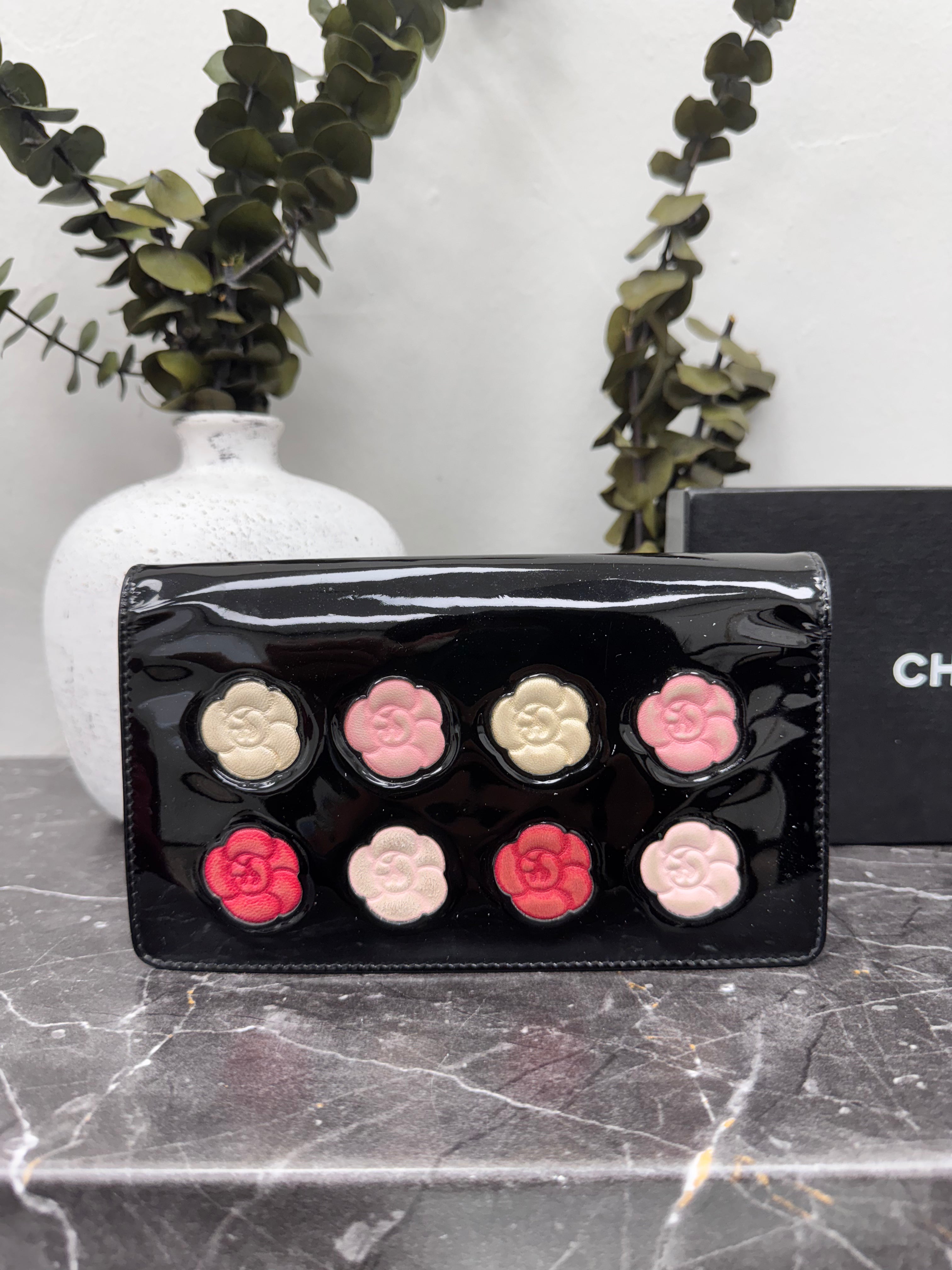 Chanel Black Patent Leather Camelia Flower Long Wallet
