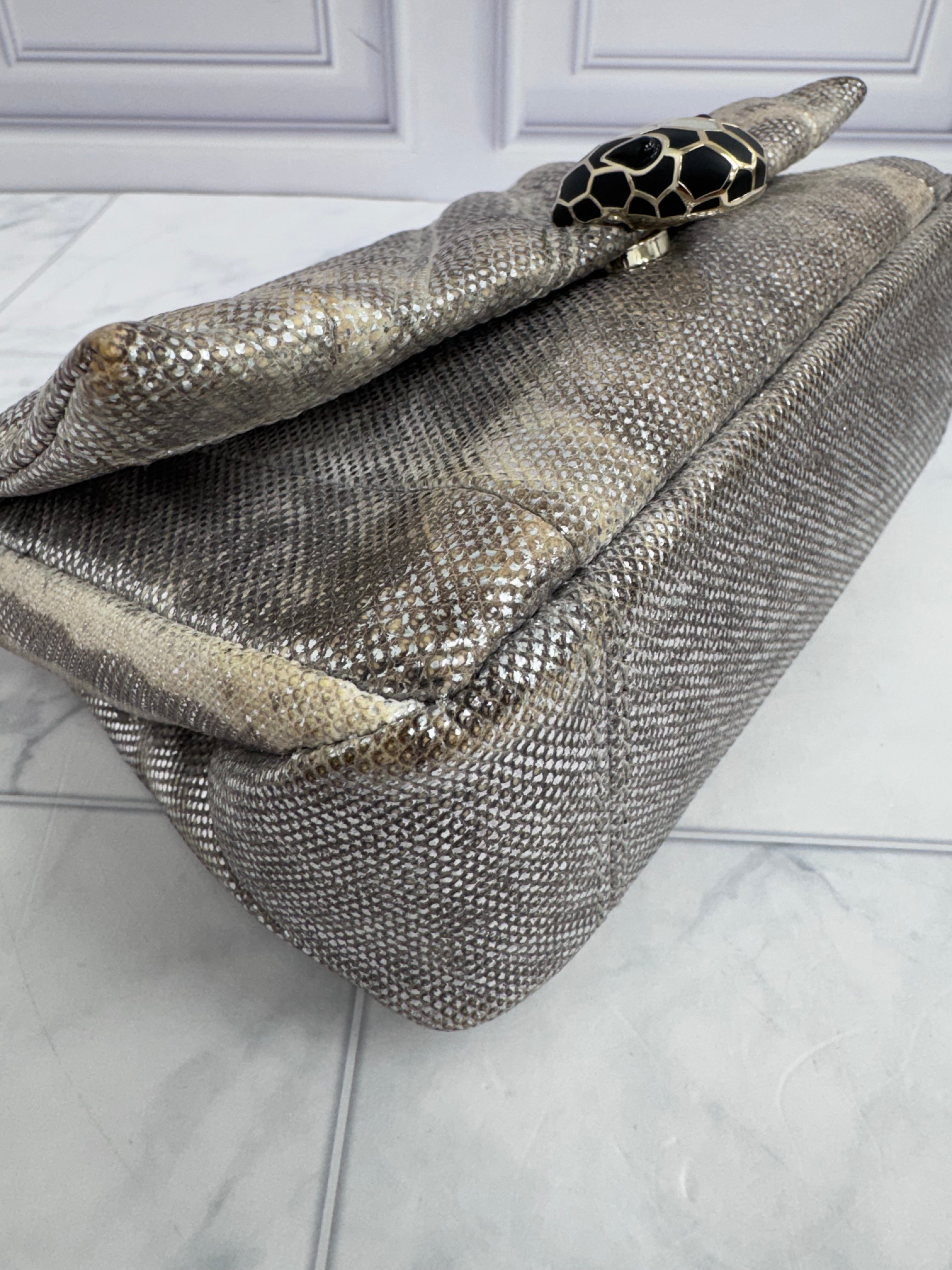 Bvlgari Silver Metallic Foiled Snake Skin Serpenti Cabochon Chain Shoulder Bag