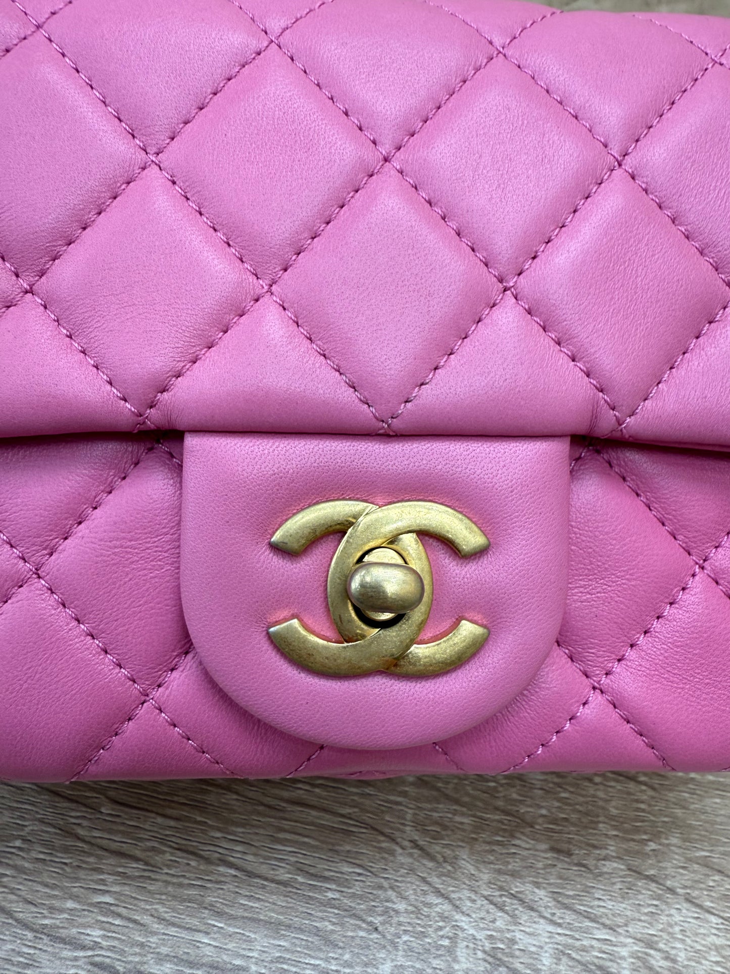 LIKE NEW- Chanel Pink Quilted Lambskin Mini Square Pearl Crush Flap Bag