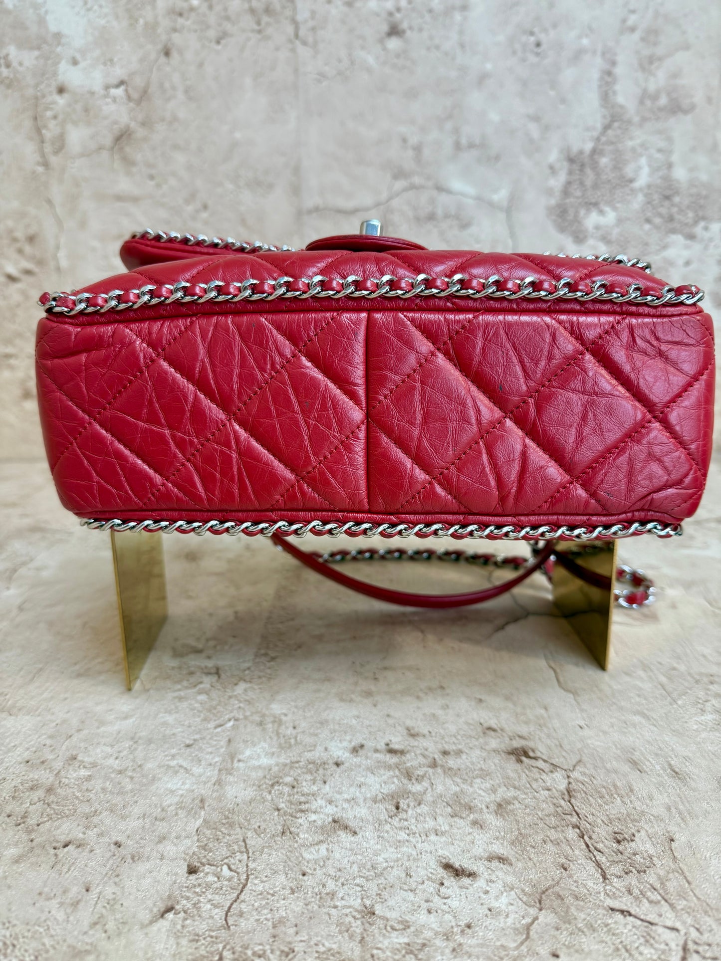 Chanel Red Crinkle Leather Running Chain Medium Single Flap