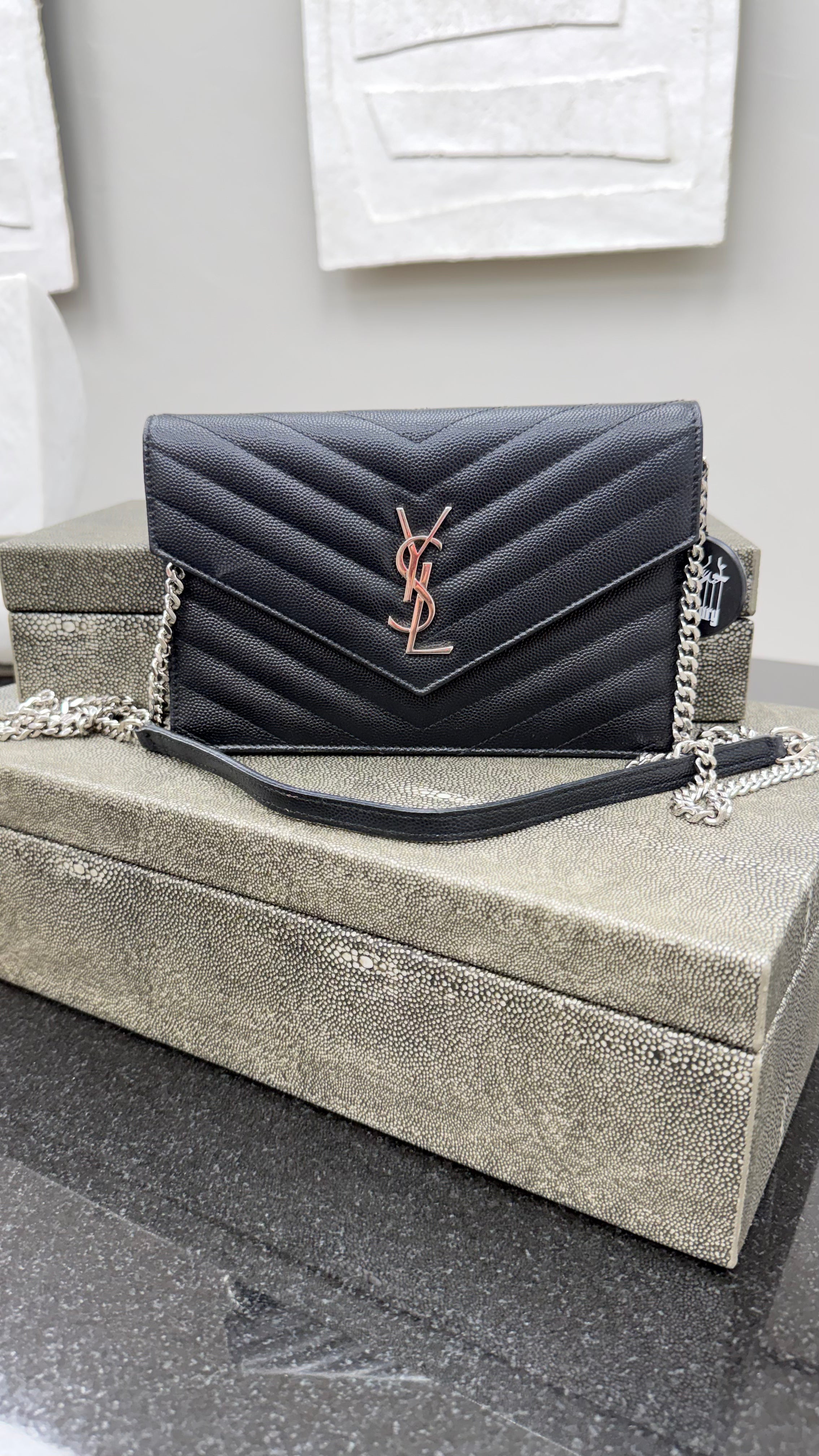 *DON DROP* Saint Laurent YSL Black Pebbled Leather Cassandre Envelope Wallet on a Chain
