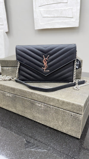 *DON DROP* Saint Laurent YSL Black Pebbled Leather Cassandre Envelope Wallet on a Chain