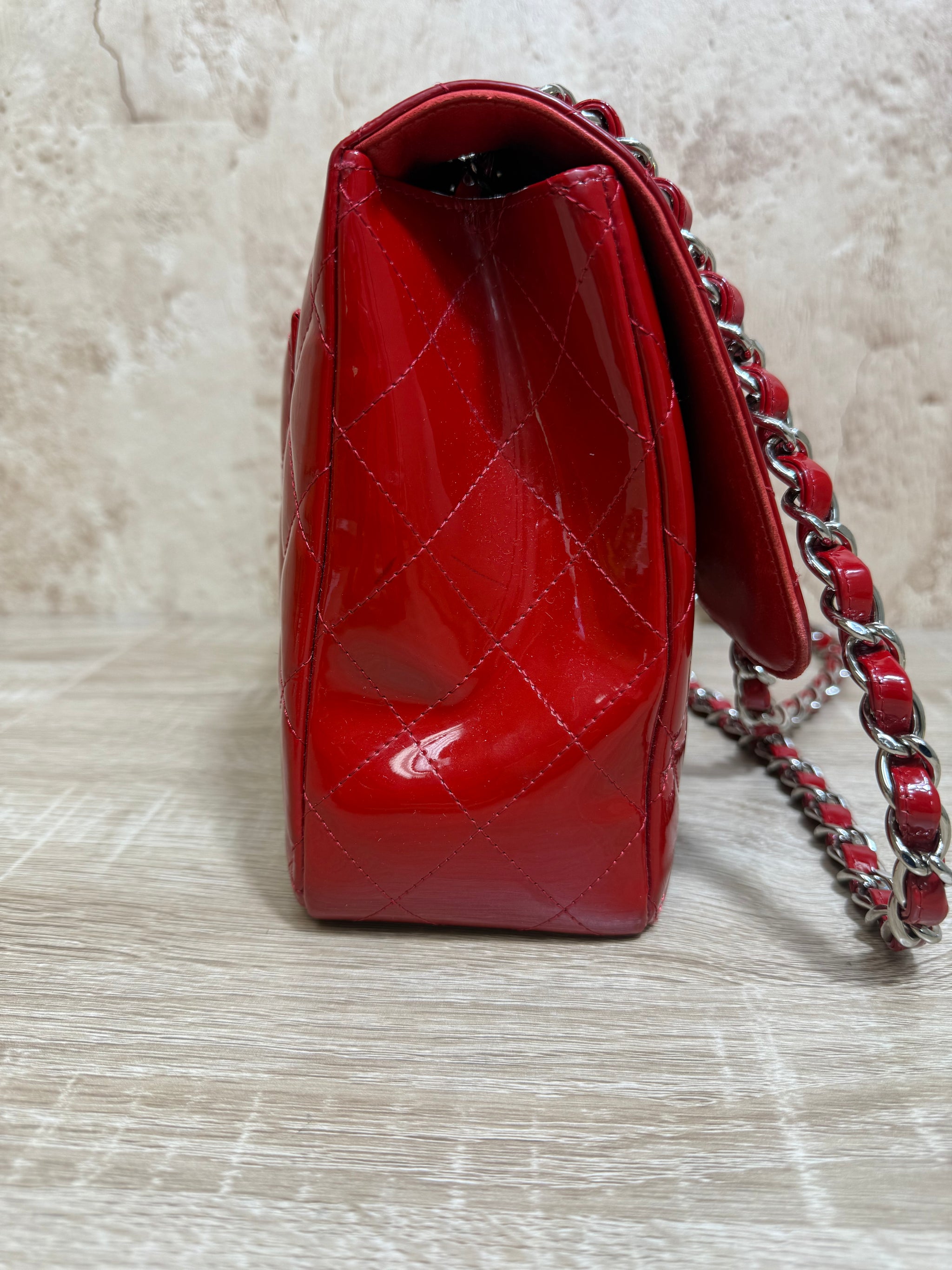 Chanel Red Patent Leather Jumbo Classic Flap