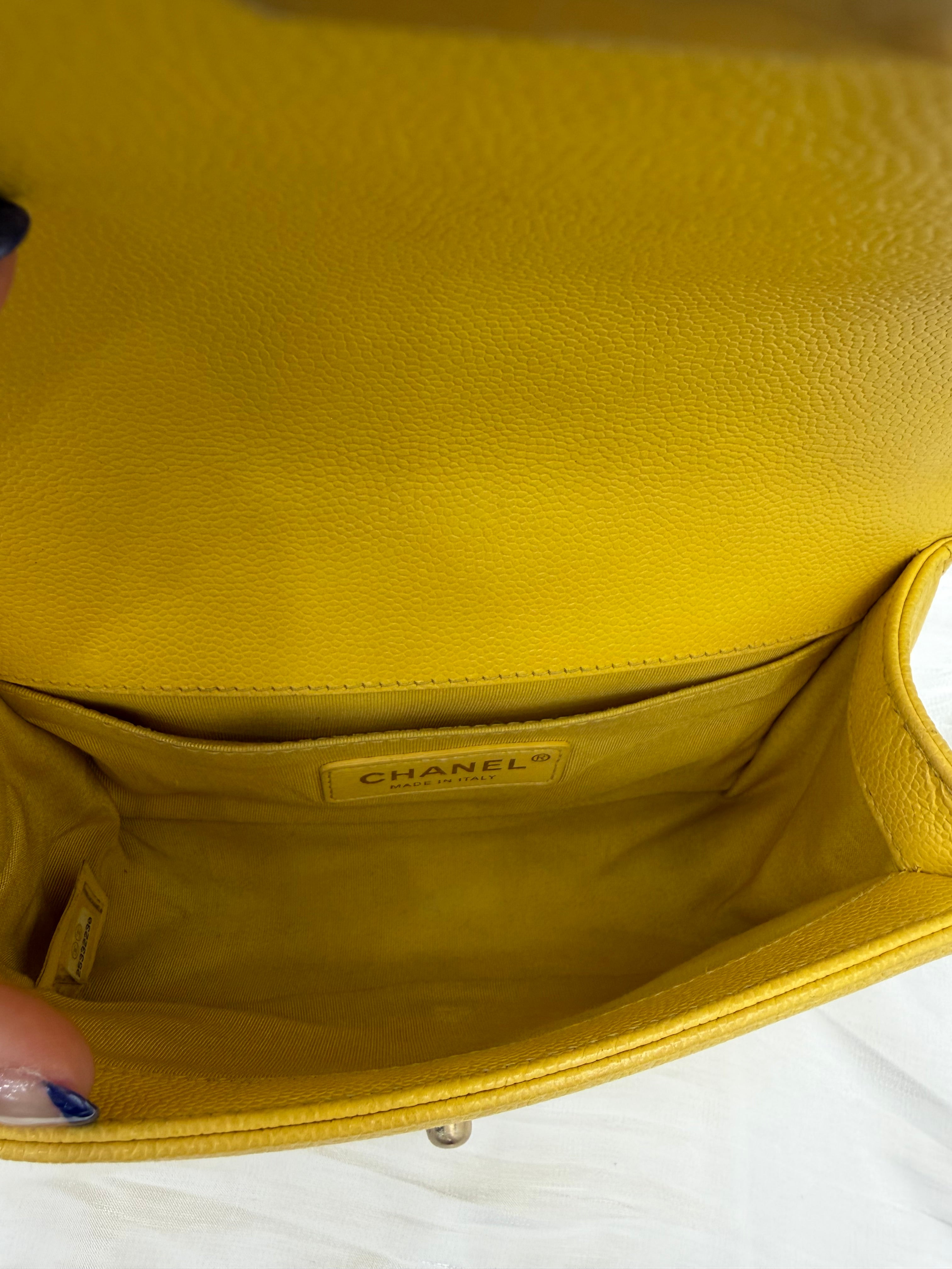 Chanel Yellow Chevron Caviar Leather Small Boy Flap Bag