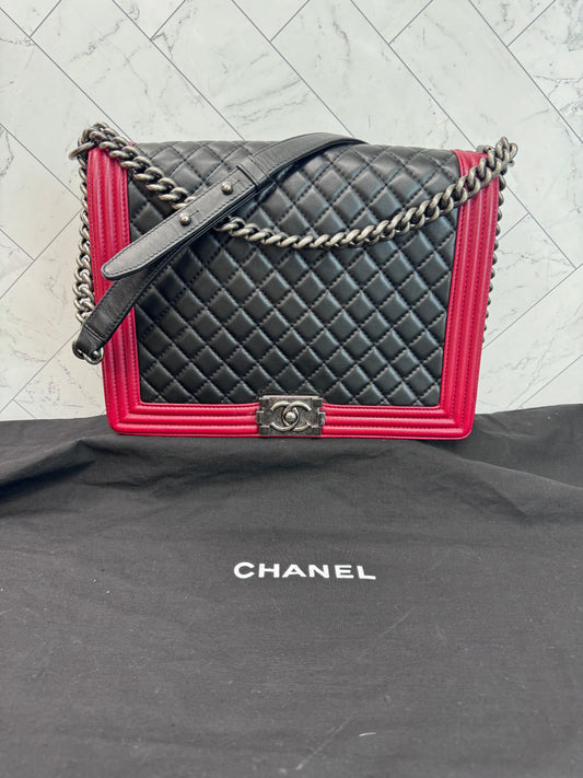 Chanel Large Lambskin Leather Black & Red Boy Bag