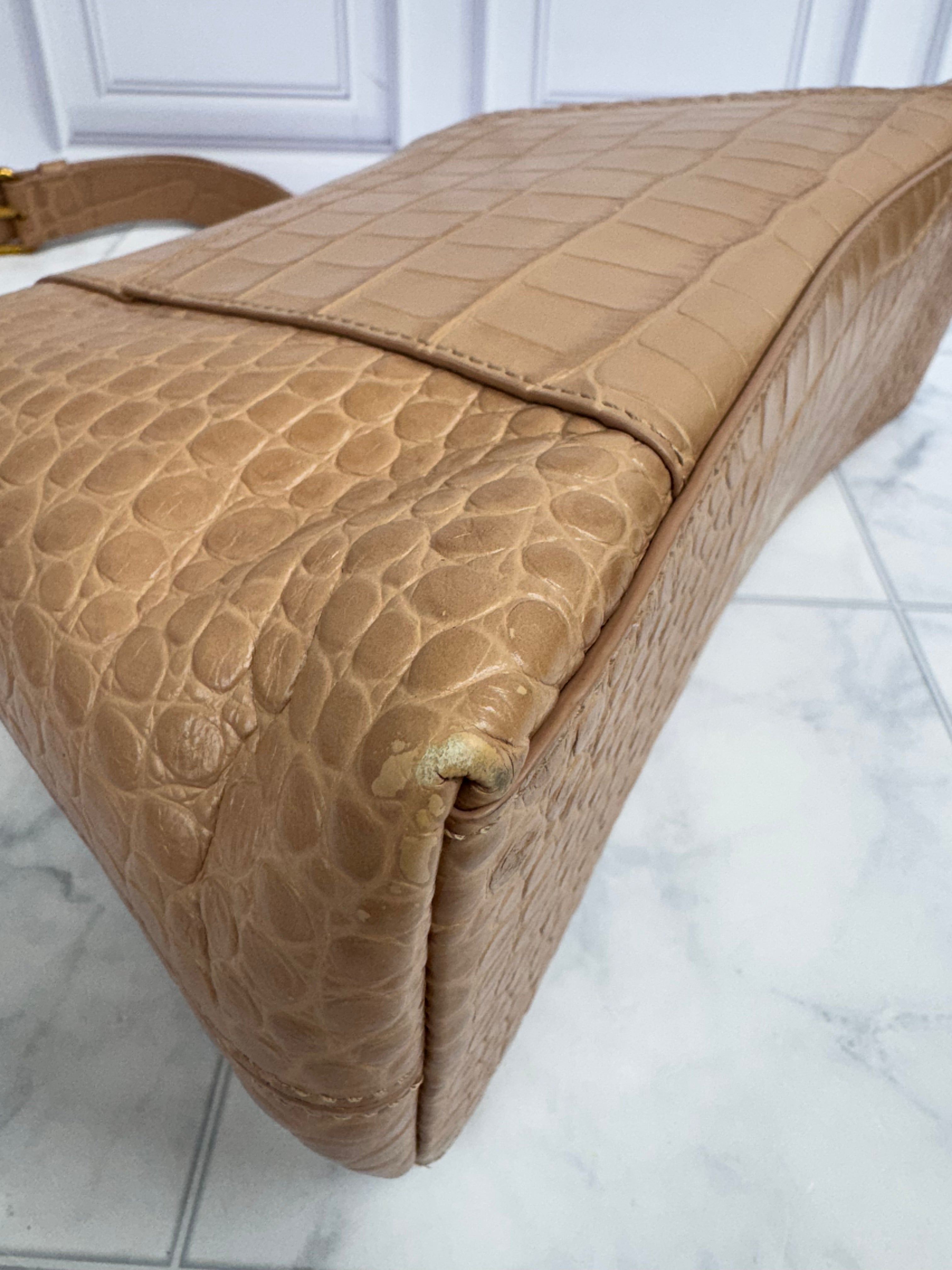 Balenciaga Beige Croc Embossed Downtown Shoulder Bag
