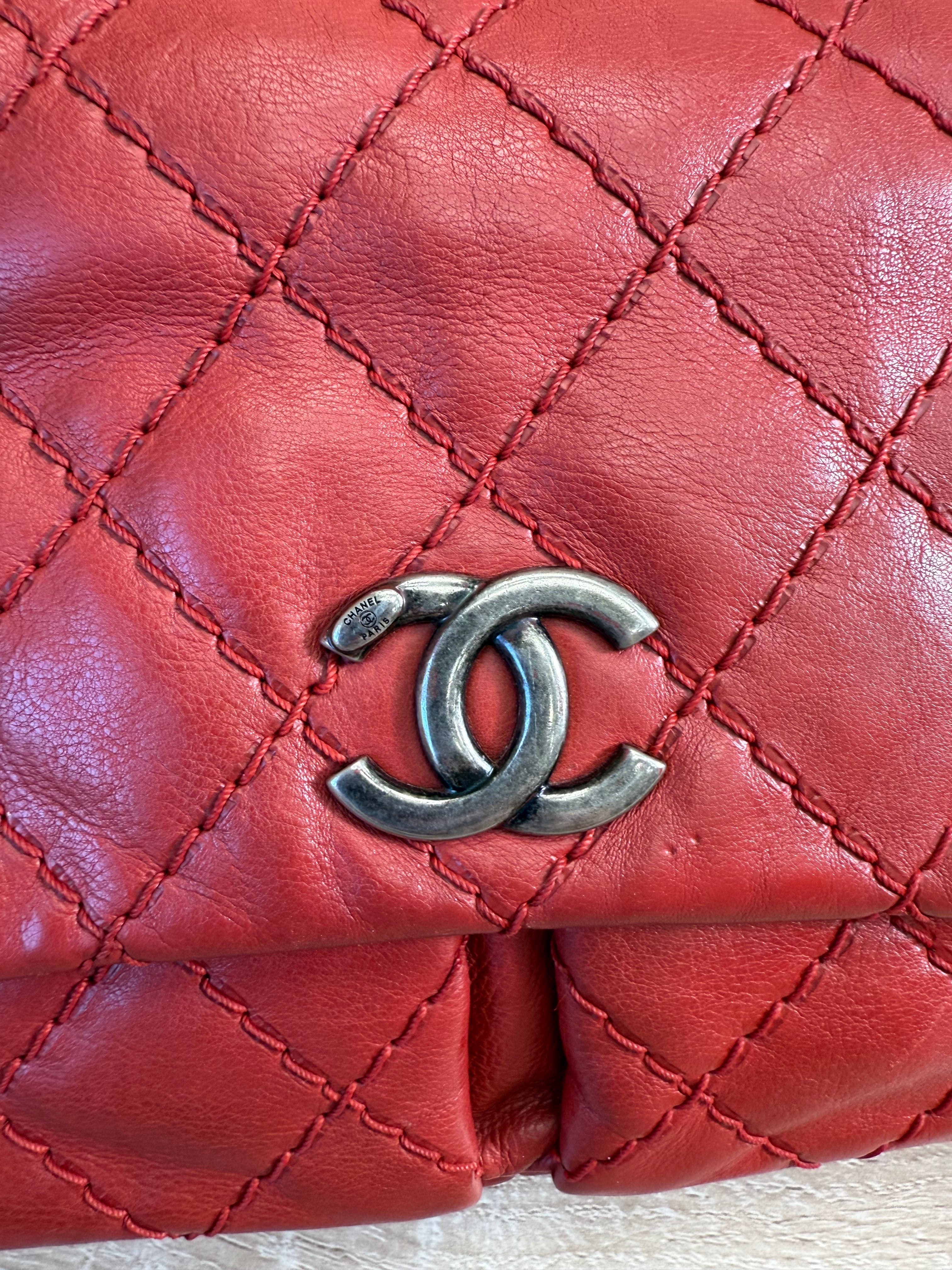 Chanel Red Double Pocket Stitch Chain Crossbody Bag