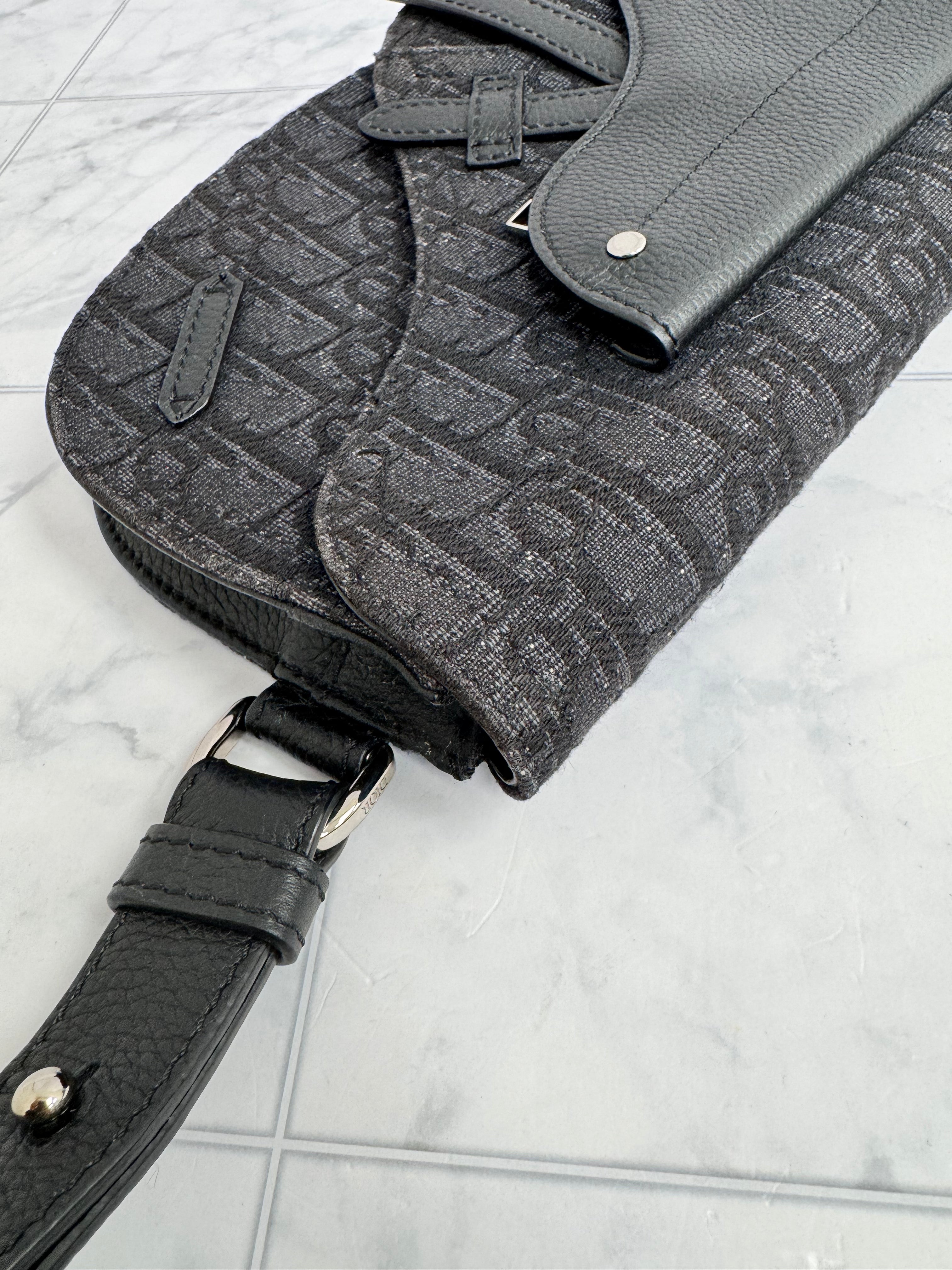 Christian Dior Black Denim Oblique Saddle Messenger Crossbody Bag