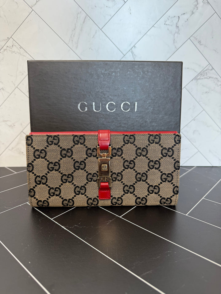 Gucci Canvas & Red Leather Jackie Long Wallet