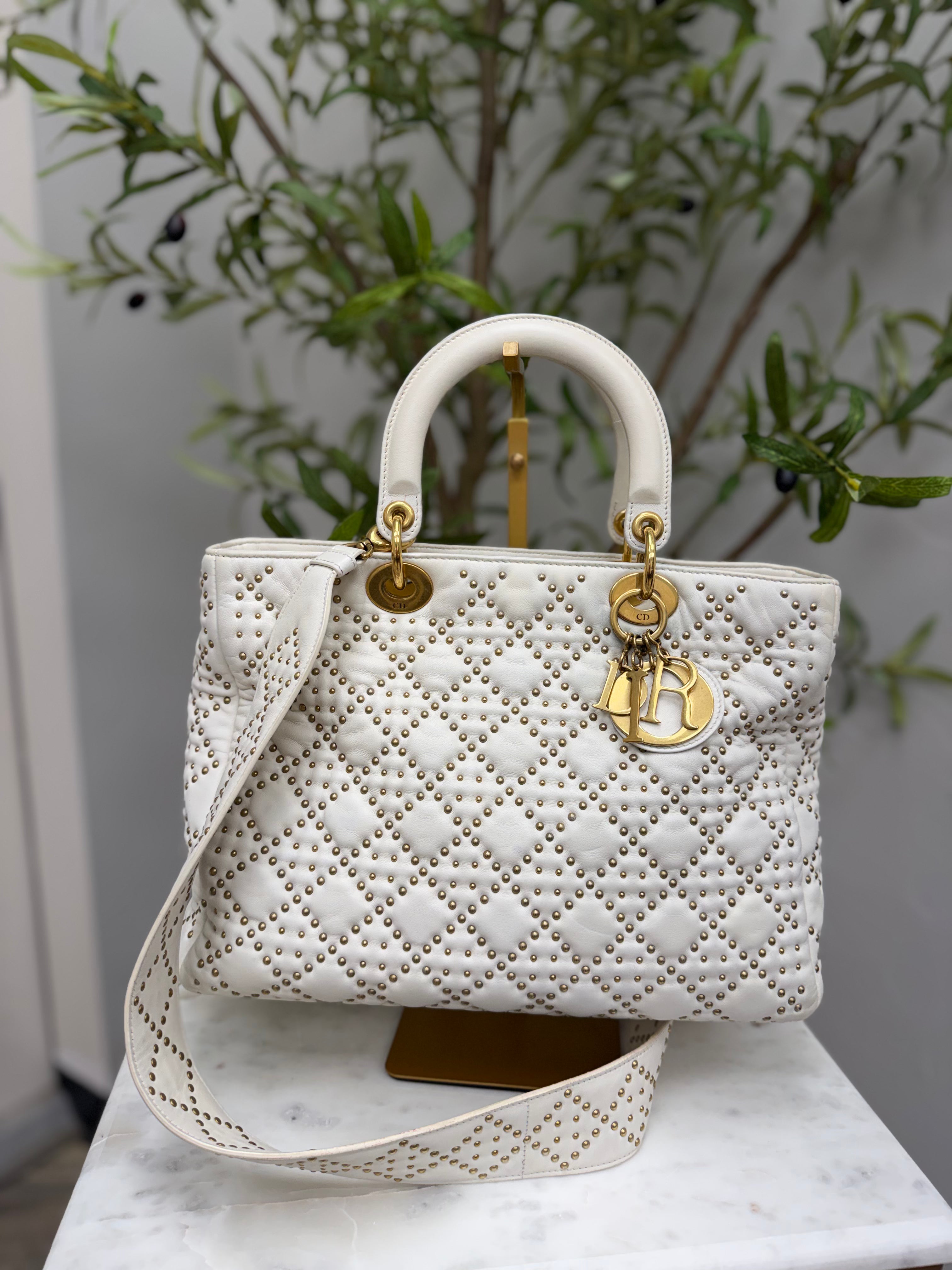 Christian Dior Vintage Ivory Leather  Cannage Studded Large Lady Dior