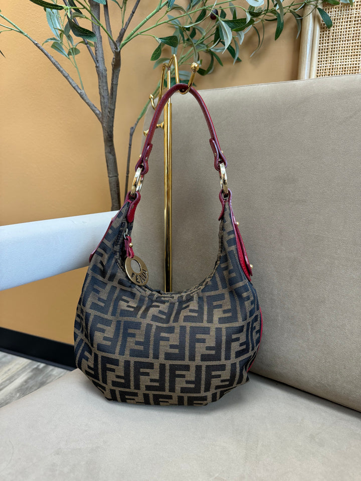 Fendi  Zucca Canvas and Red Leather Shoulder Bag