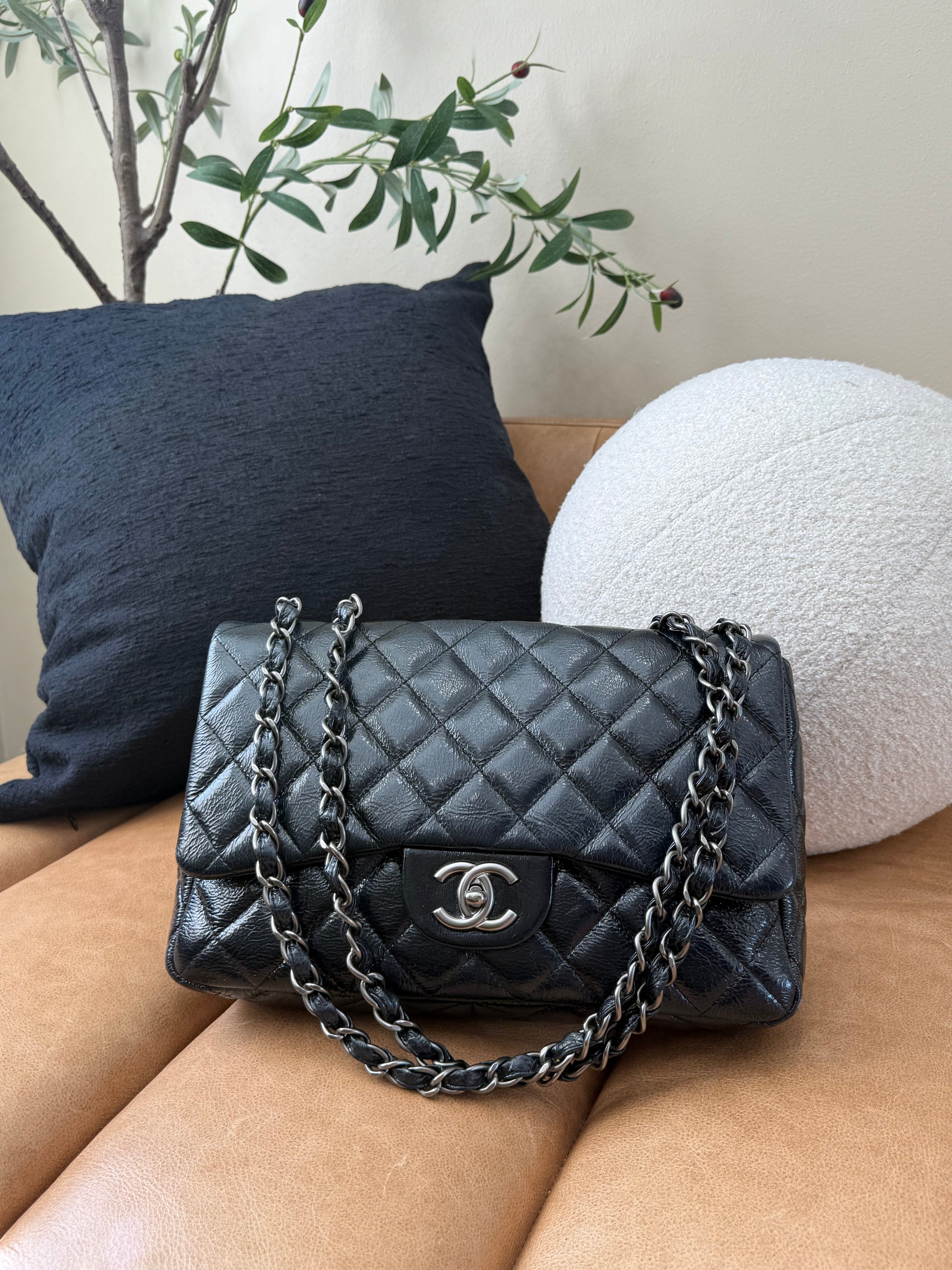 Chanel Large Black Glazed Quilted Goatskin Classic Single Flap Bag