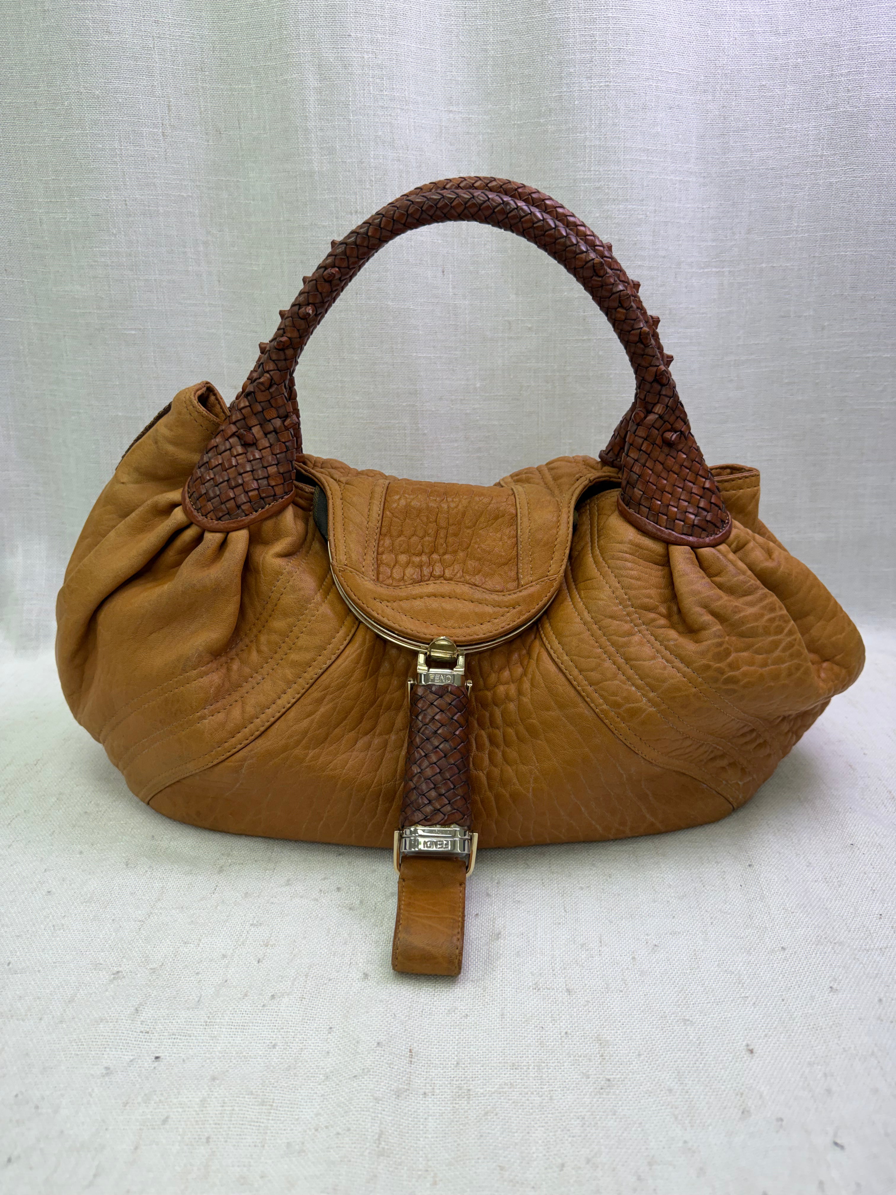 Fendi Honey Brown Leather  & Zucca Canvas Spy Bag