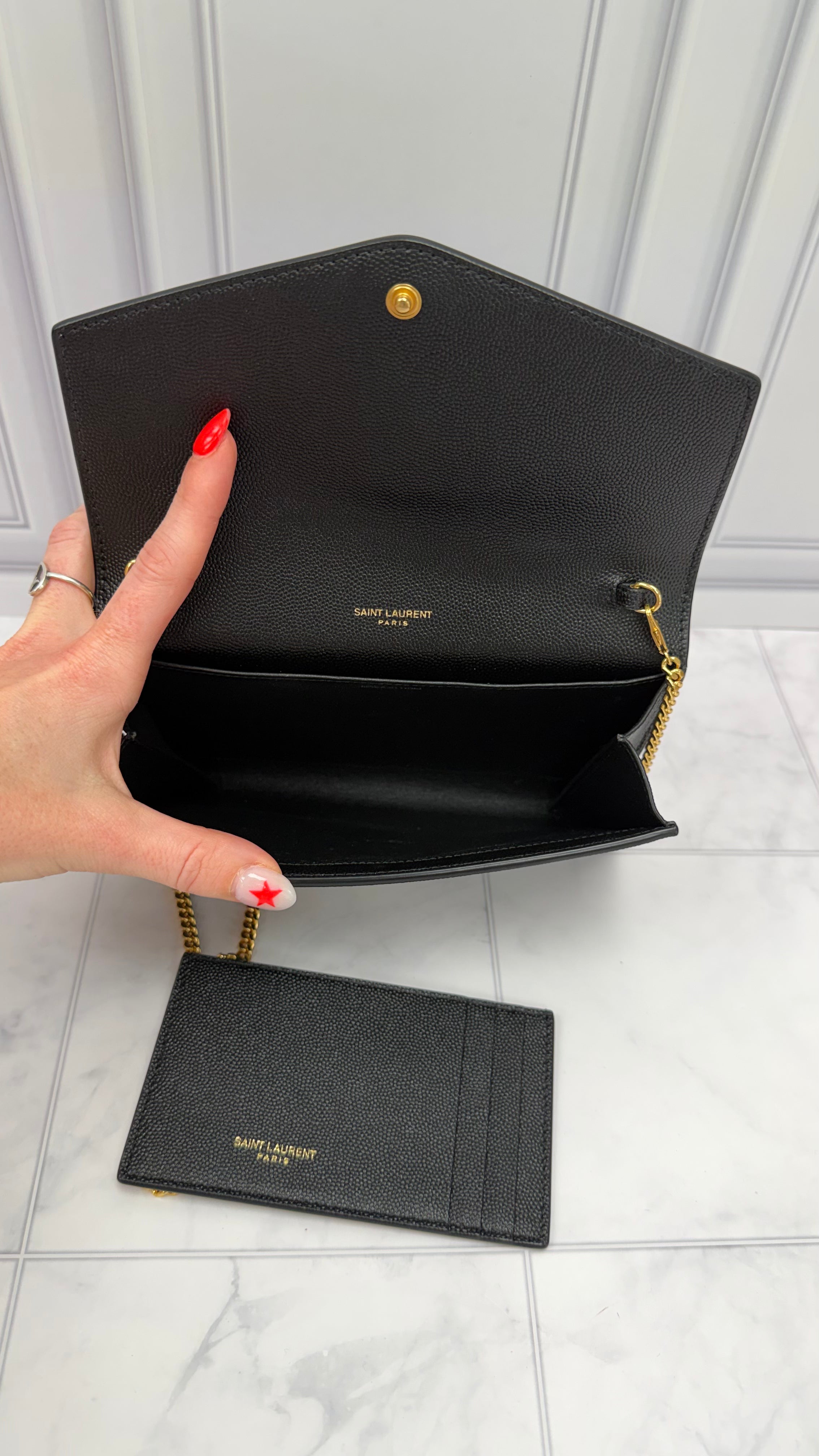 *DONS DROP* Saint Laurent YSL Black Pebbled Leather Envelope Wallet on a Chain