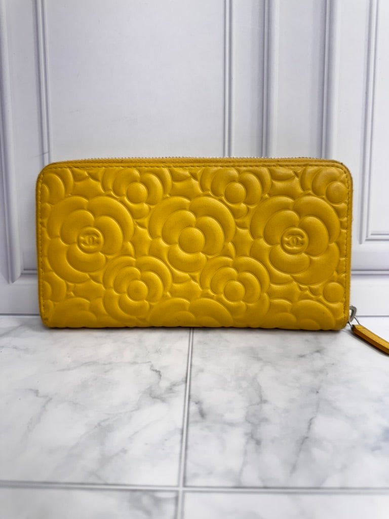 Chanel Yellow Embossed Camellia Flower Leather Zippy Wallet