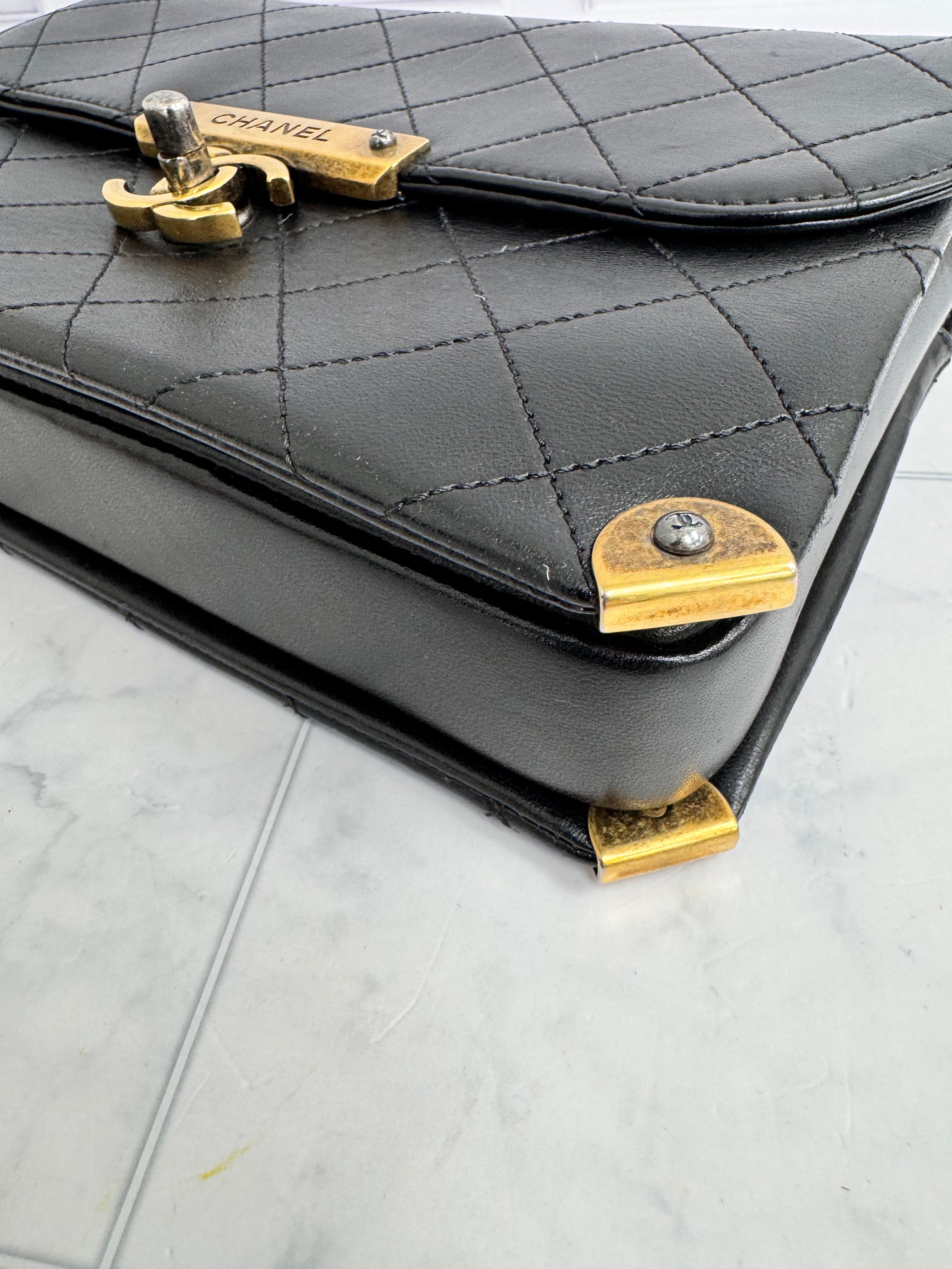 Chanel Black Diamond Quilted Leather Around The Corner Flap Bag