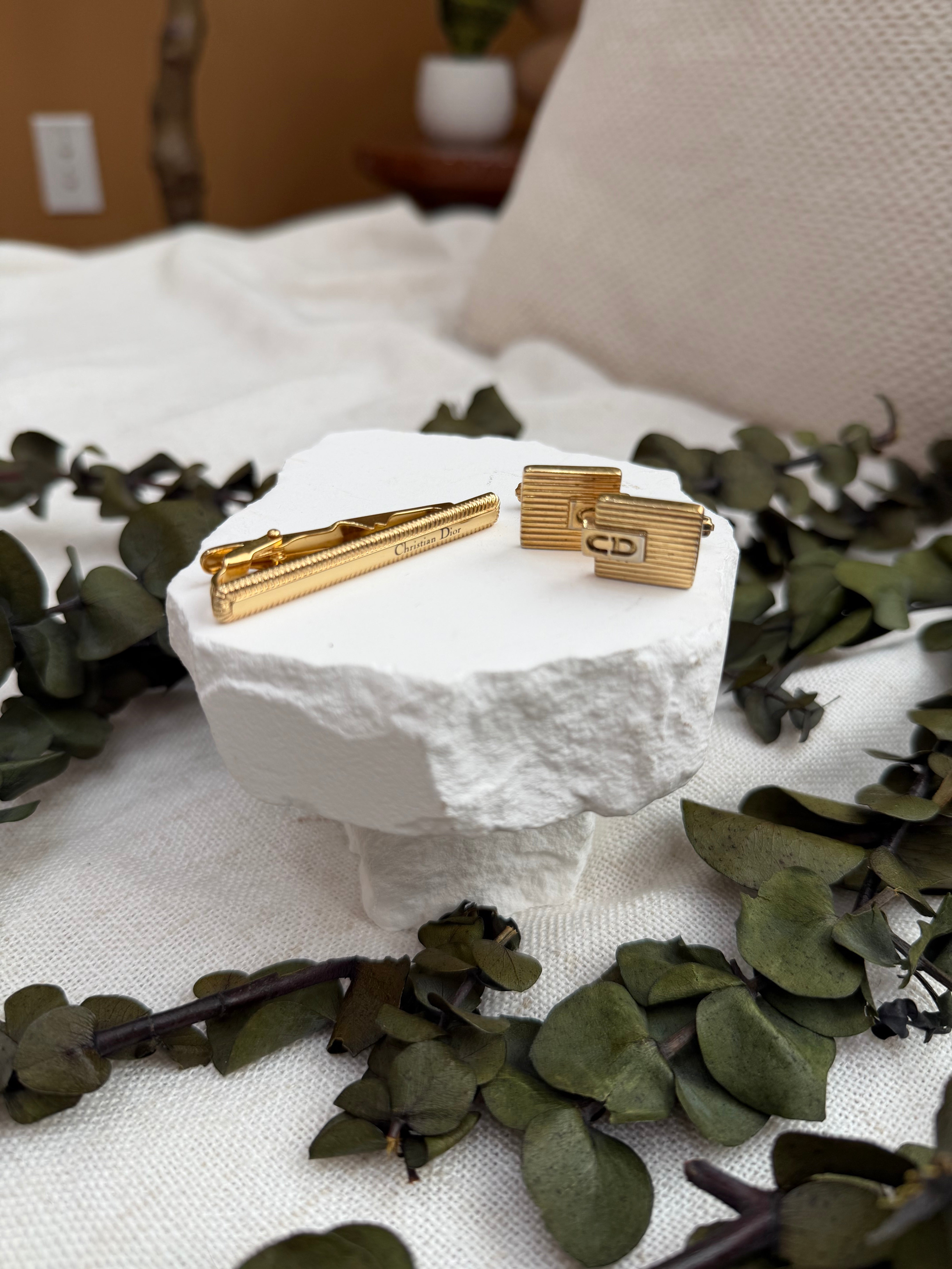 Christian Dior Gold Tone Tie Clip & Cuff Links