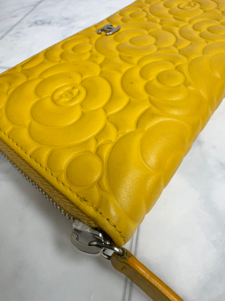 Chanel Yellow Embossed Camellia Flower Leather Zippy Wallet
