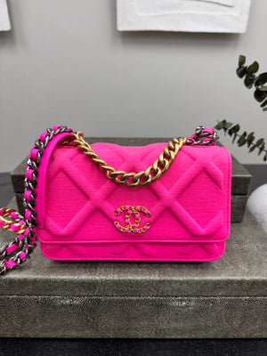 LIKE NEW - Chanel Neon Pink Quilted Jersey Chanel 19 Wallet On A Chain