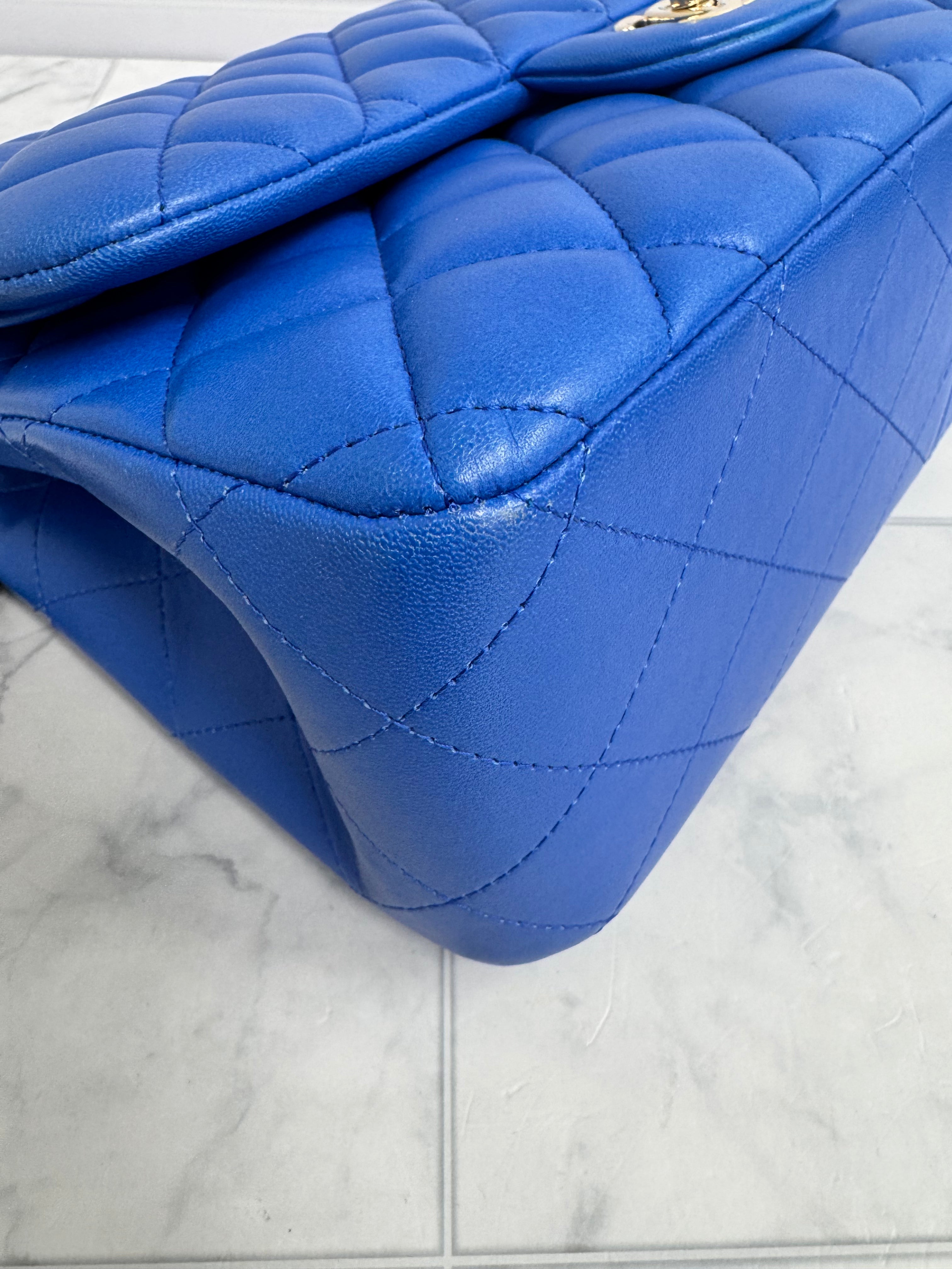 Chanel Blue Diamond Quilted Lambskin Jumbo Double Flap Bag